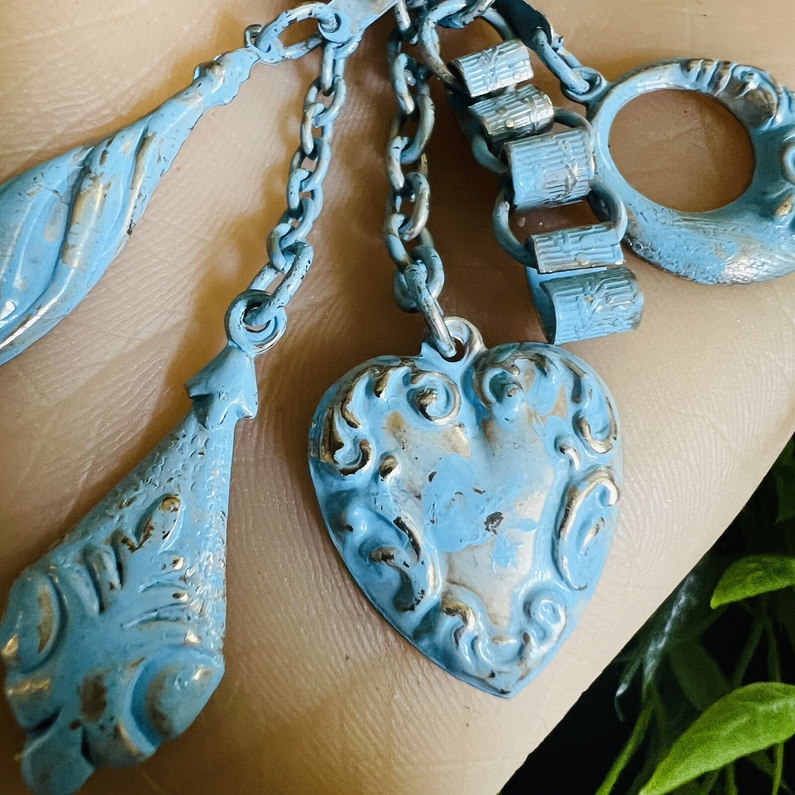 Vintage Enamel Steampunk Whimsical Fan Heart Dangle Chain Brooch Unique 4264