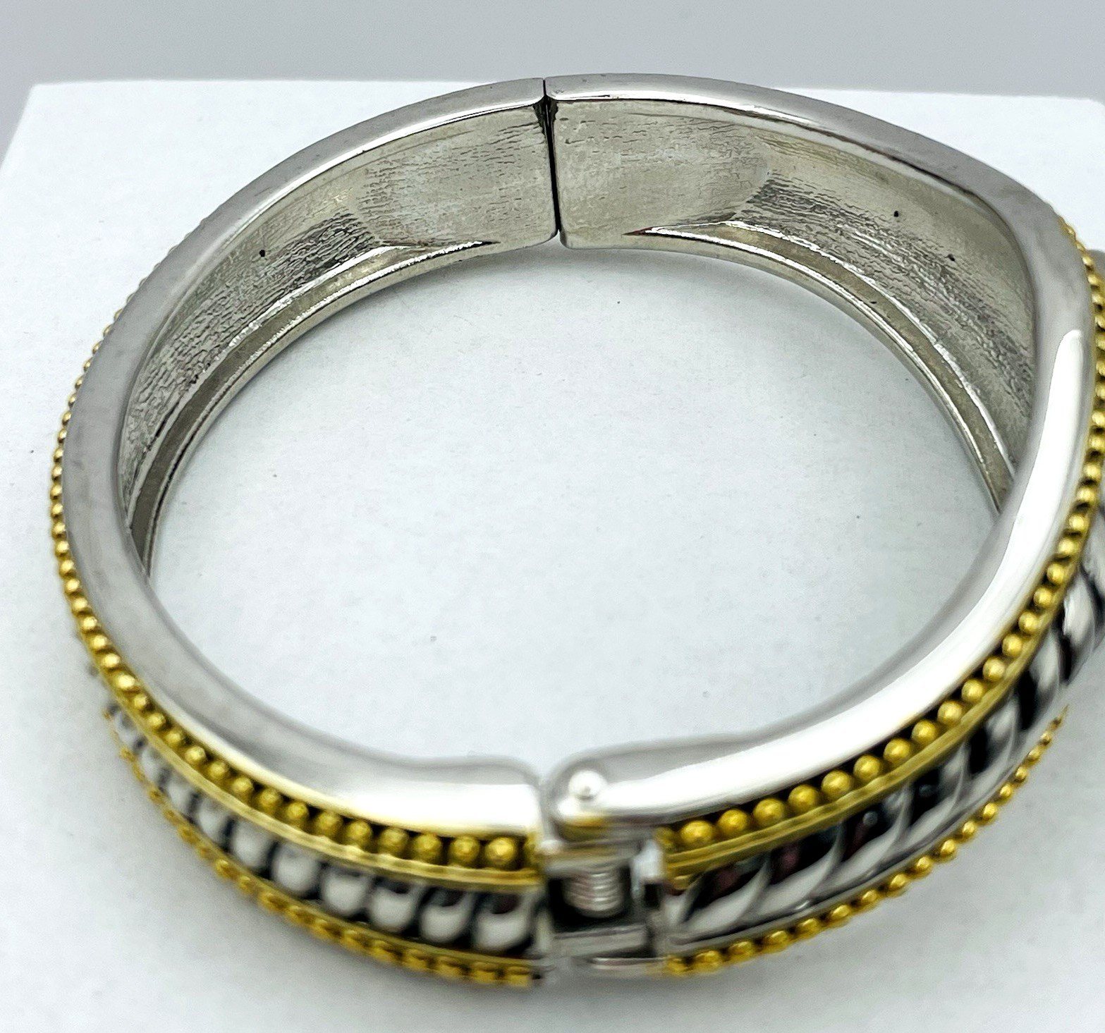 Vintage Silver and Gold Tone Hinged Bangle Bracelet Black Faceted Acrylic Stone