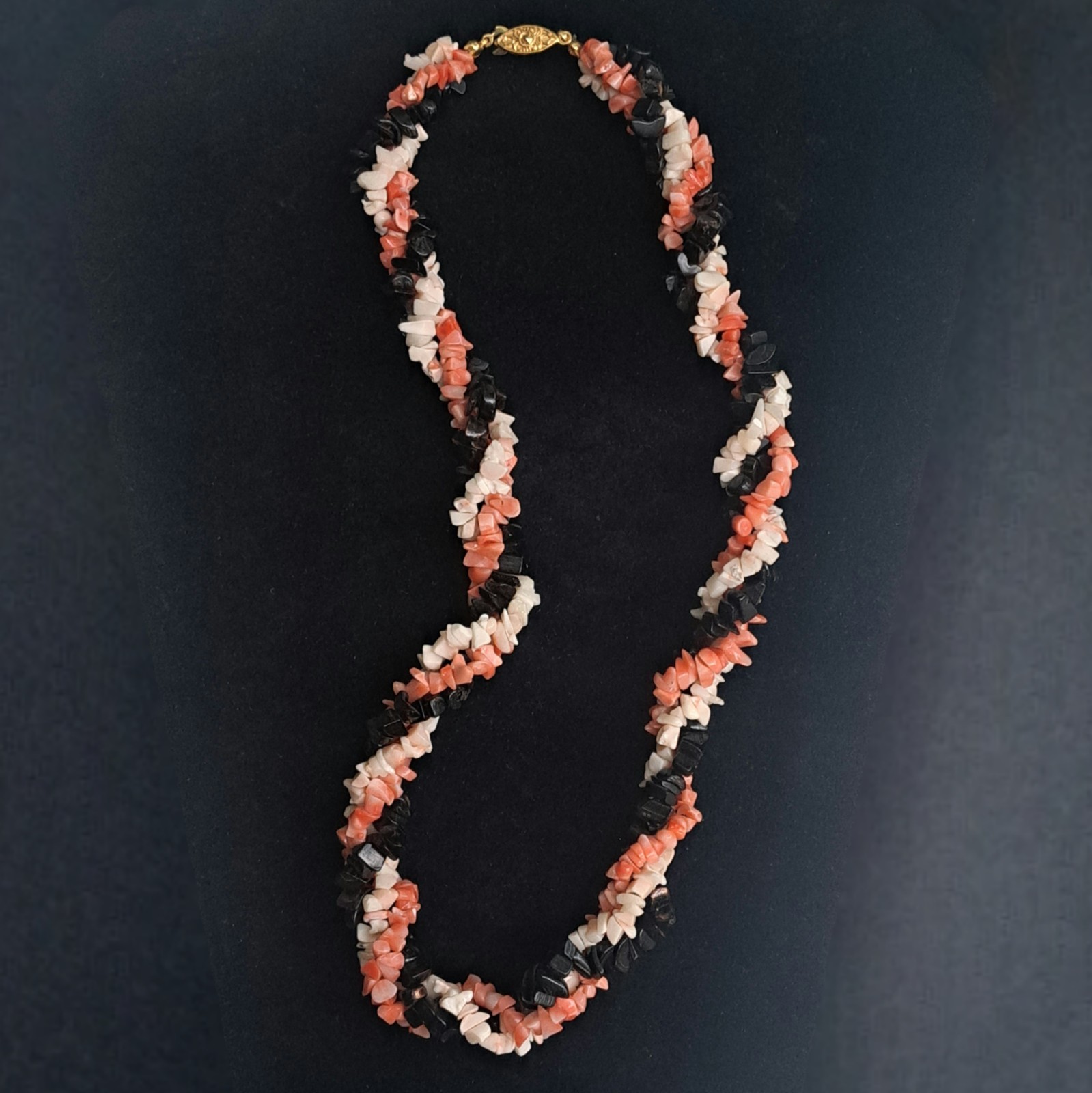 Gorgeous Pink Angelskin/Black/White Coral Necklace 19″ w/ Antique Fishhook Clasp