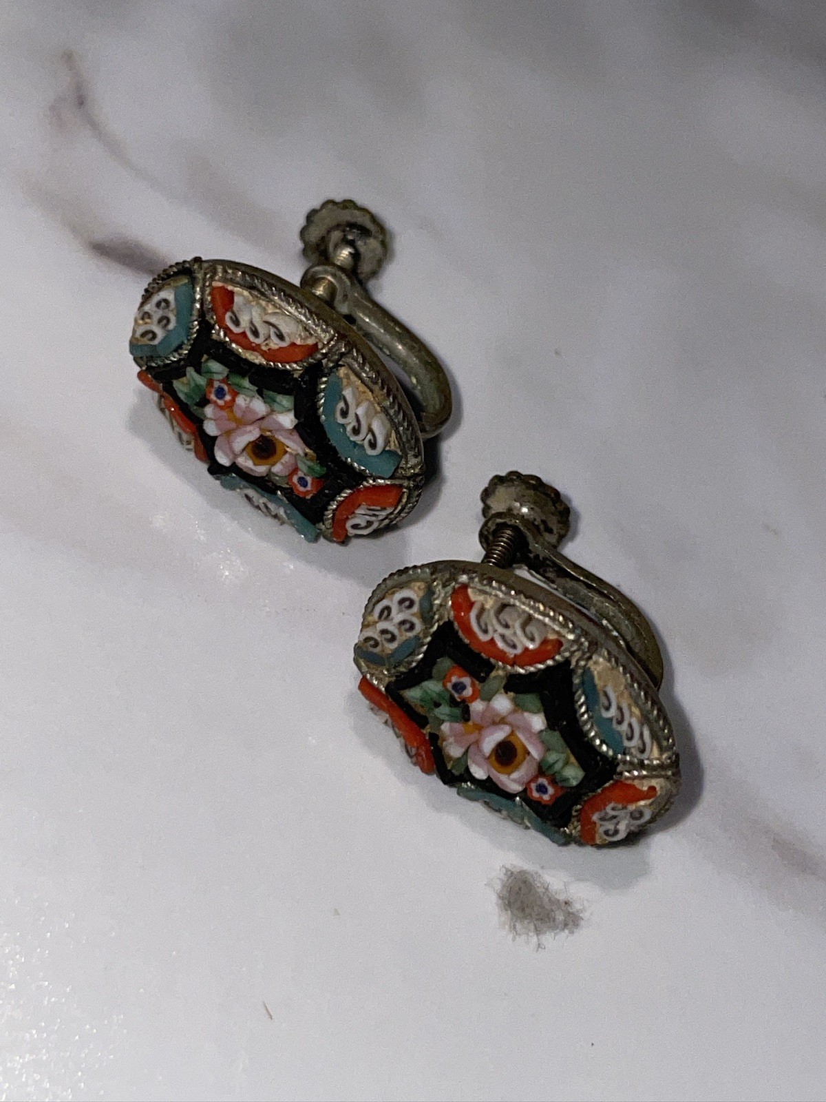 Antique Floral Micro Mosaic Jewelry LOT Earrings and Brooches
