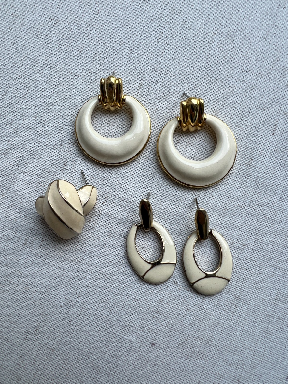 Lot of 3 Vintage White and Gold Enamel Earrings 1980s-90s (No backs)