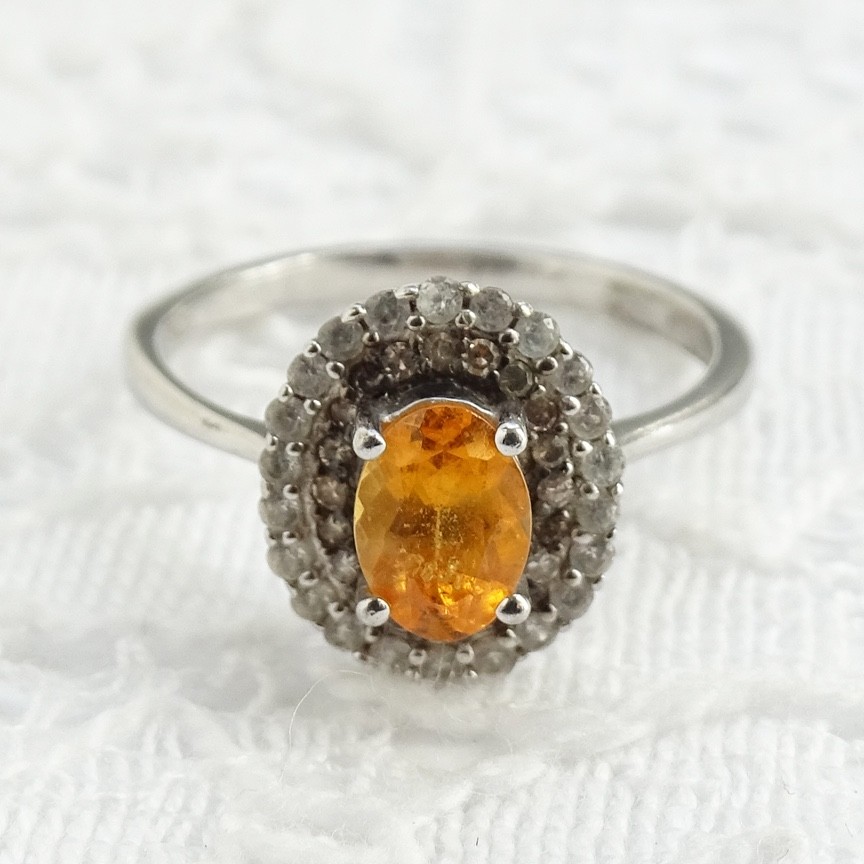 RJ Graziano Oval Citrine & CZ Gemstone Ring 925 Sterling Silver Size 7 Signed