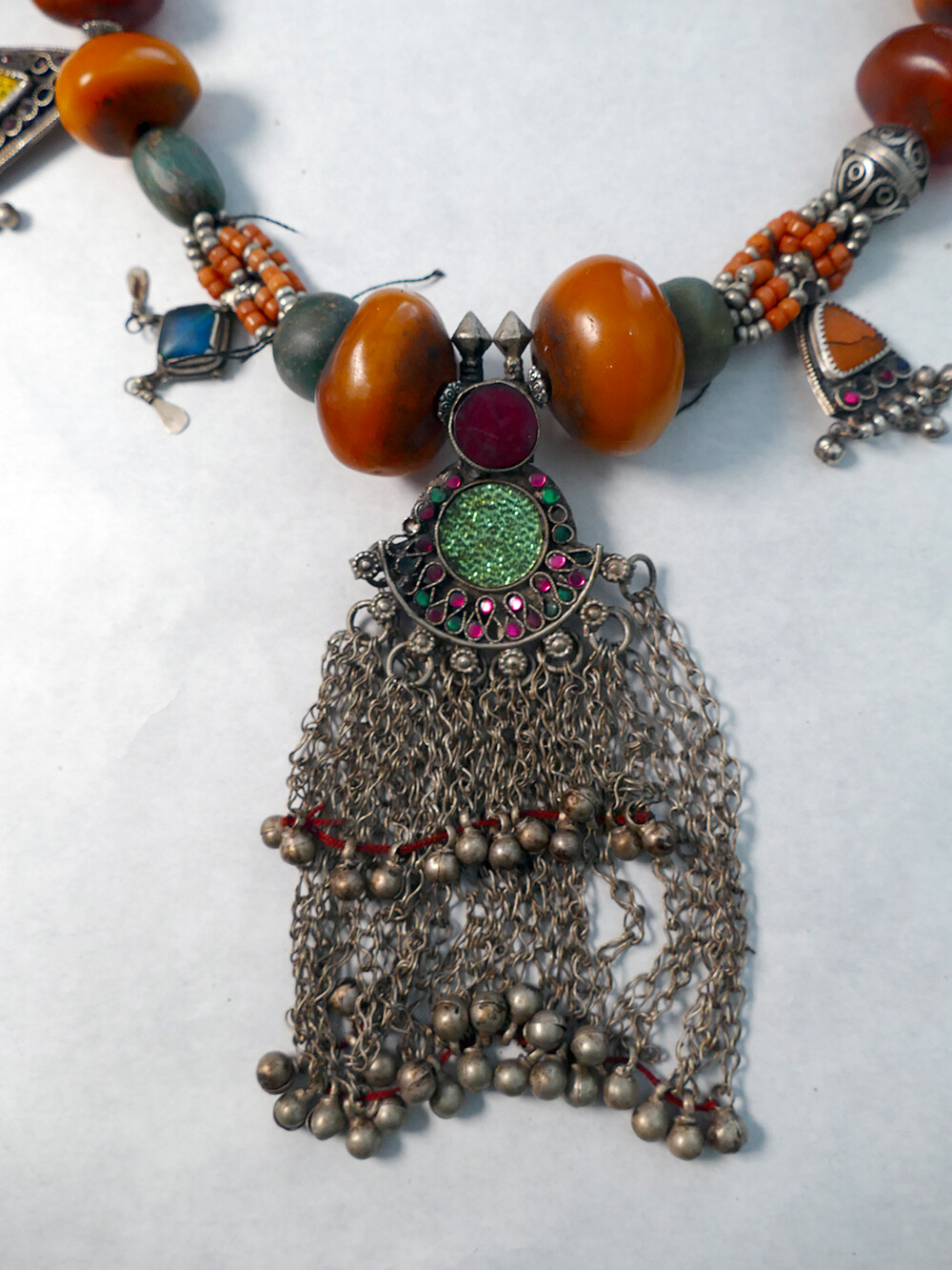 Art: Vintage Large 32″ Amber & Silver Berber Necklace from Morocco Lot A
