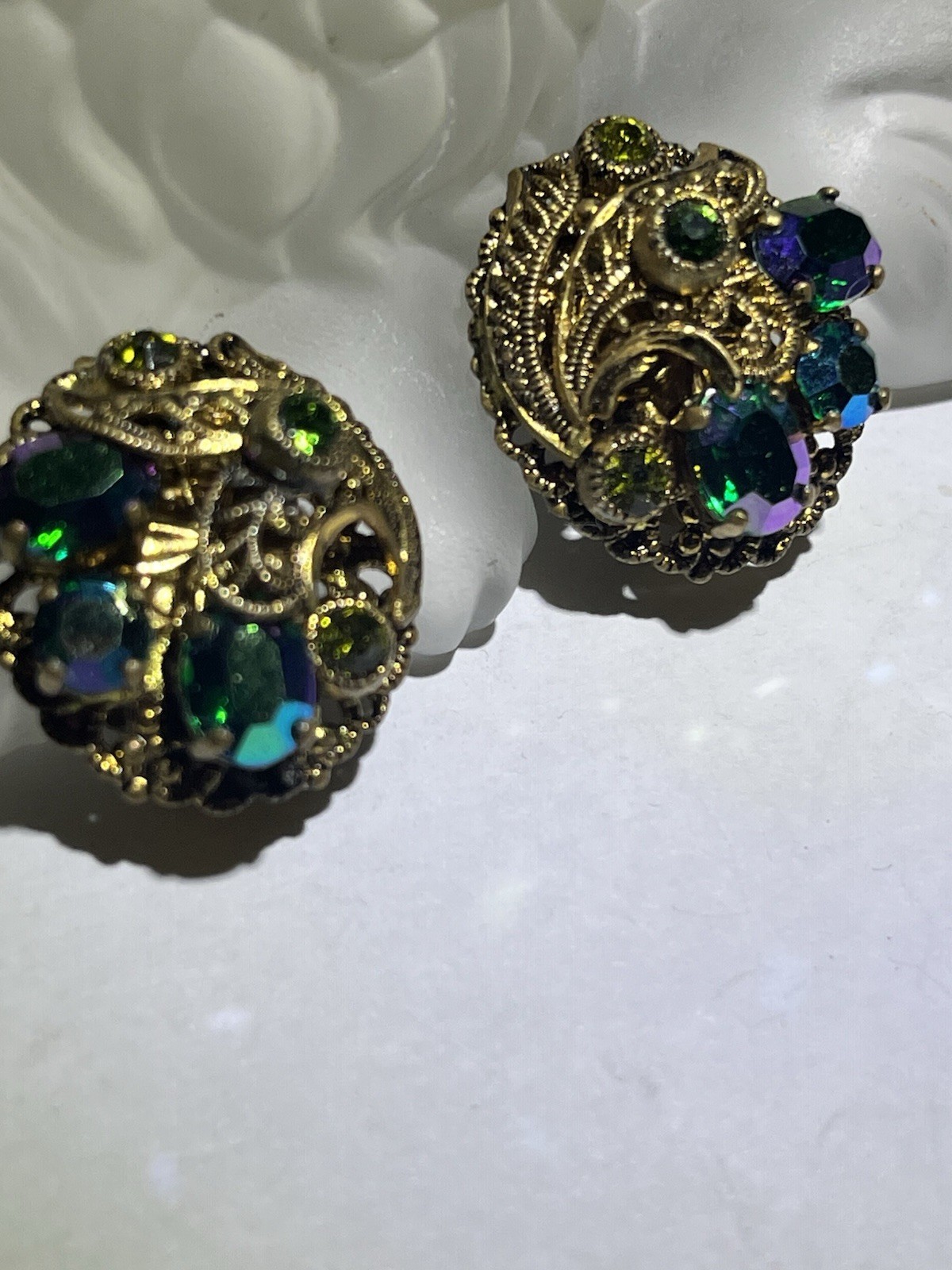 Blue Green Tones Clip On Rhinestone Earrings Aurora Borealis Finish GERMANY