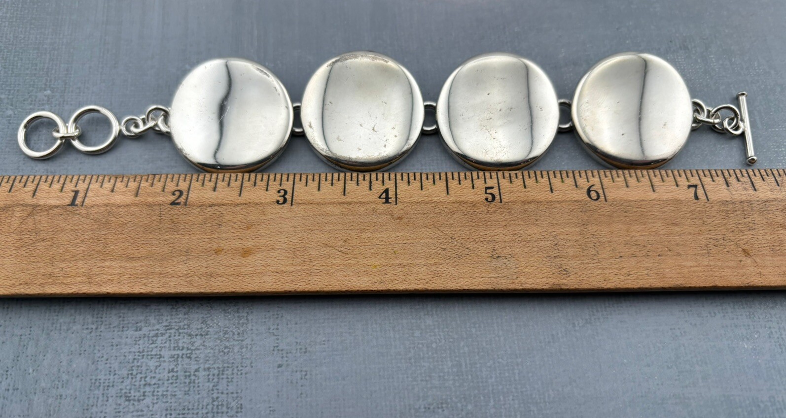 47g ATI Mexico .925 Sterling Silver Station Disc Toggle Bracelet Adjustable 7.75