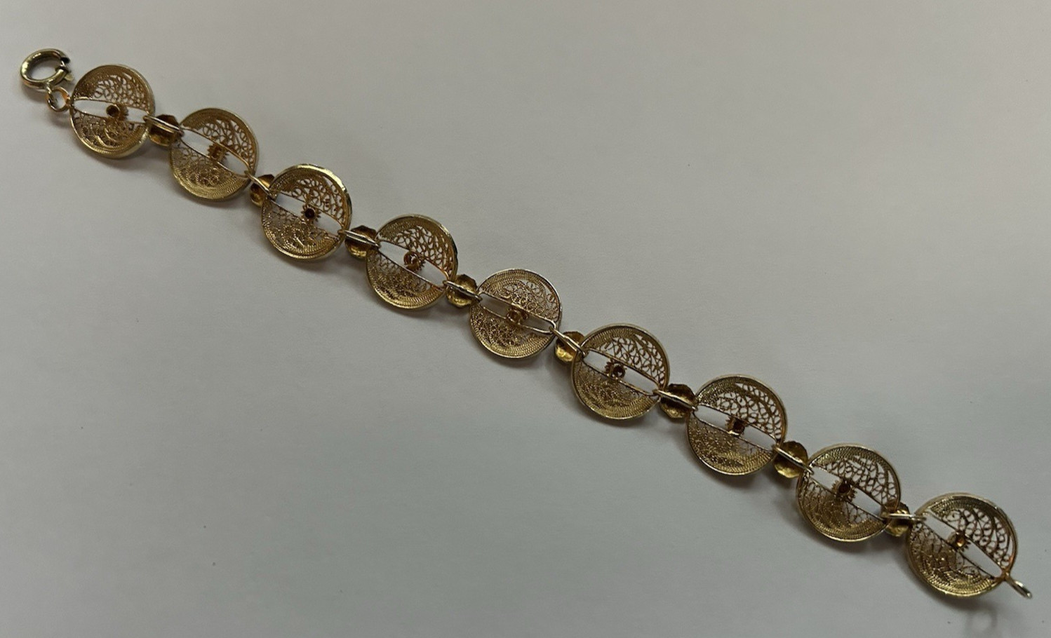 Vintage Solid Silver Gold Wash Blue Enameled Flowers Filigree Bracelet 7.5″