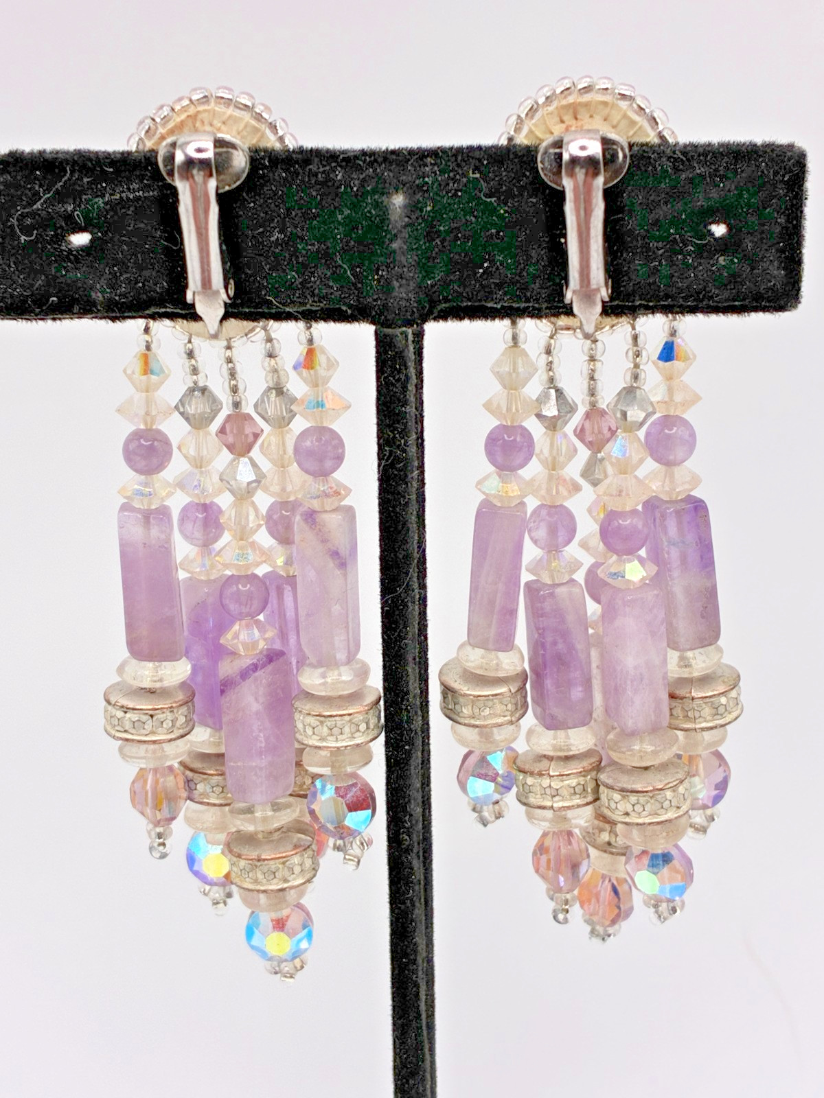 Elegant Classy Vintage Chipita Amethyst Stone Aurora Borealis Bead Clip Earrings