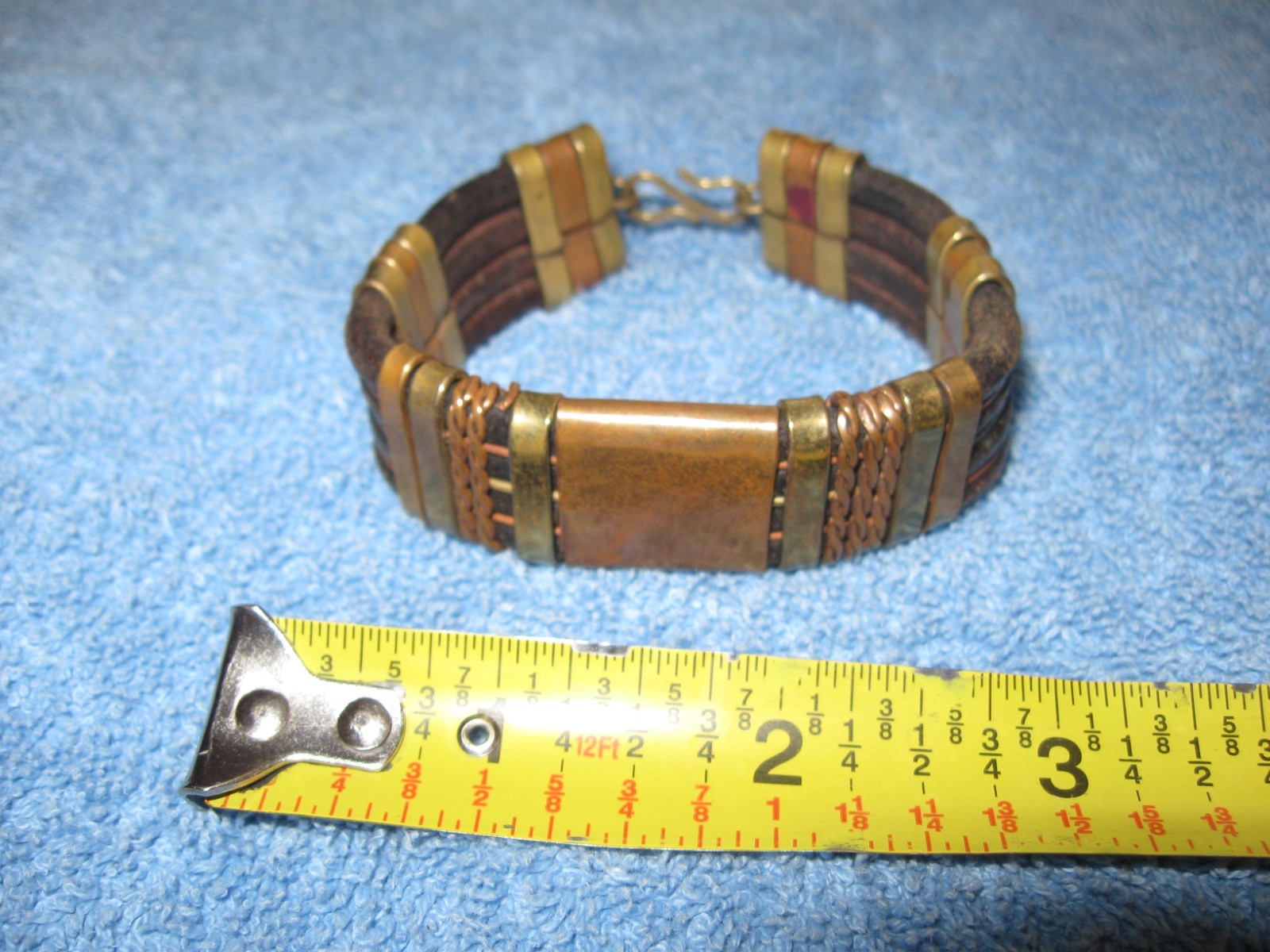 Leather & Brass Bracelet w/Hook Clasp, 3/4″ wide x 3″ Diameter Artisan Made