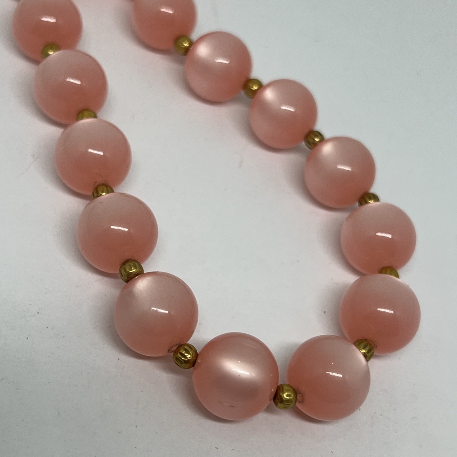 ⁠Vintage Pink Moonglow Lucite Bead 15”-17”Necklace Chunky J-Hook Choker