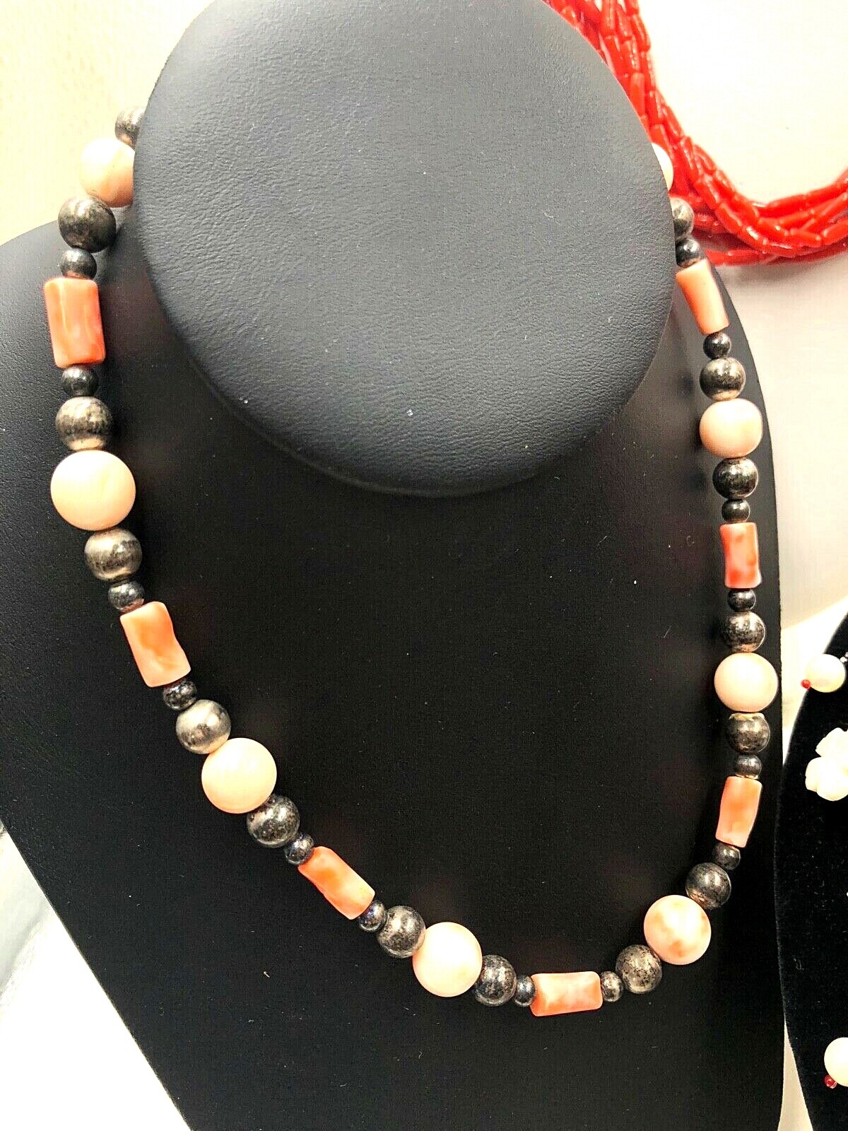 VINTAGE ANTIQUE GENUINE NATURAL SALMON CORAL STERLING SILVER SIGNED NECKLACE