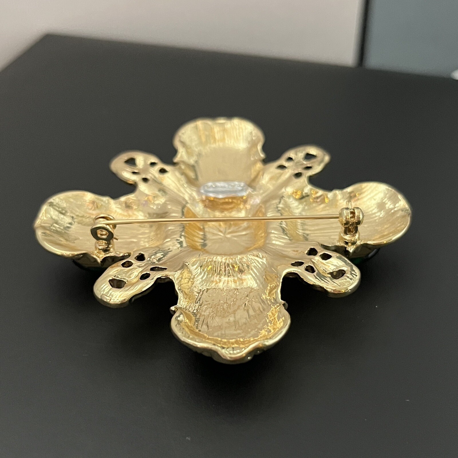 Gripoix Style Poured Resin Maltese Cross Brooch Pin Gold Red Green Ornate