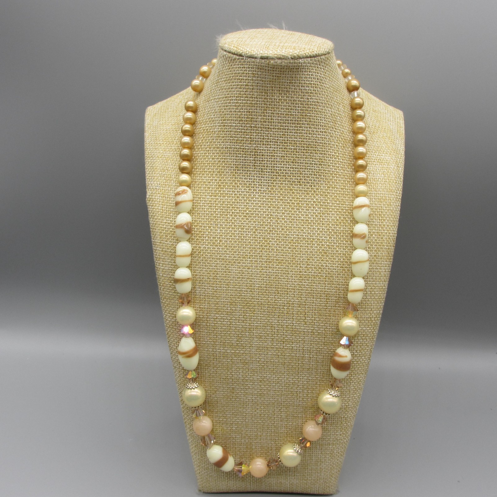 Vintage Glass Beaded Necklace Cream Peach White Brown 24 Inch