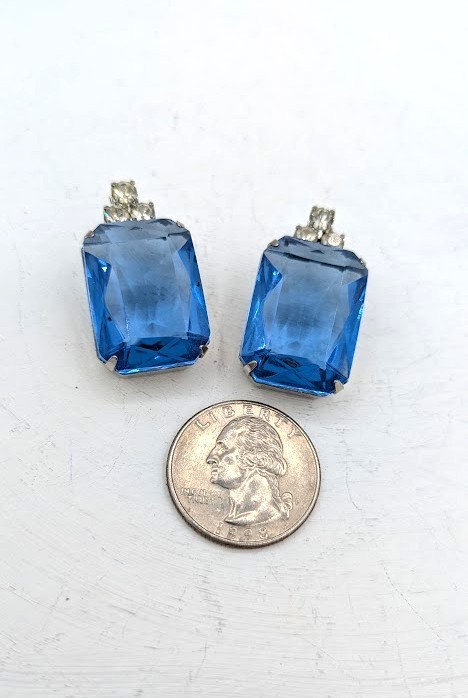 Vintage Post Earrings Blue Crystal Emerald Cut Glass Silver Tone Post 1950s