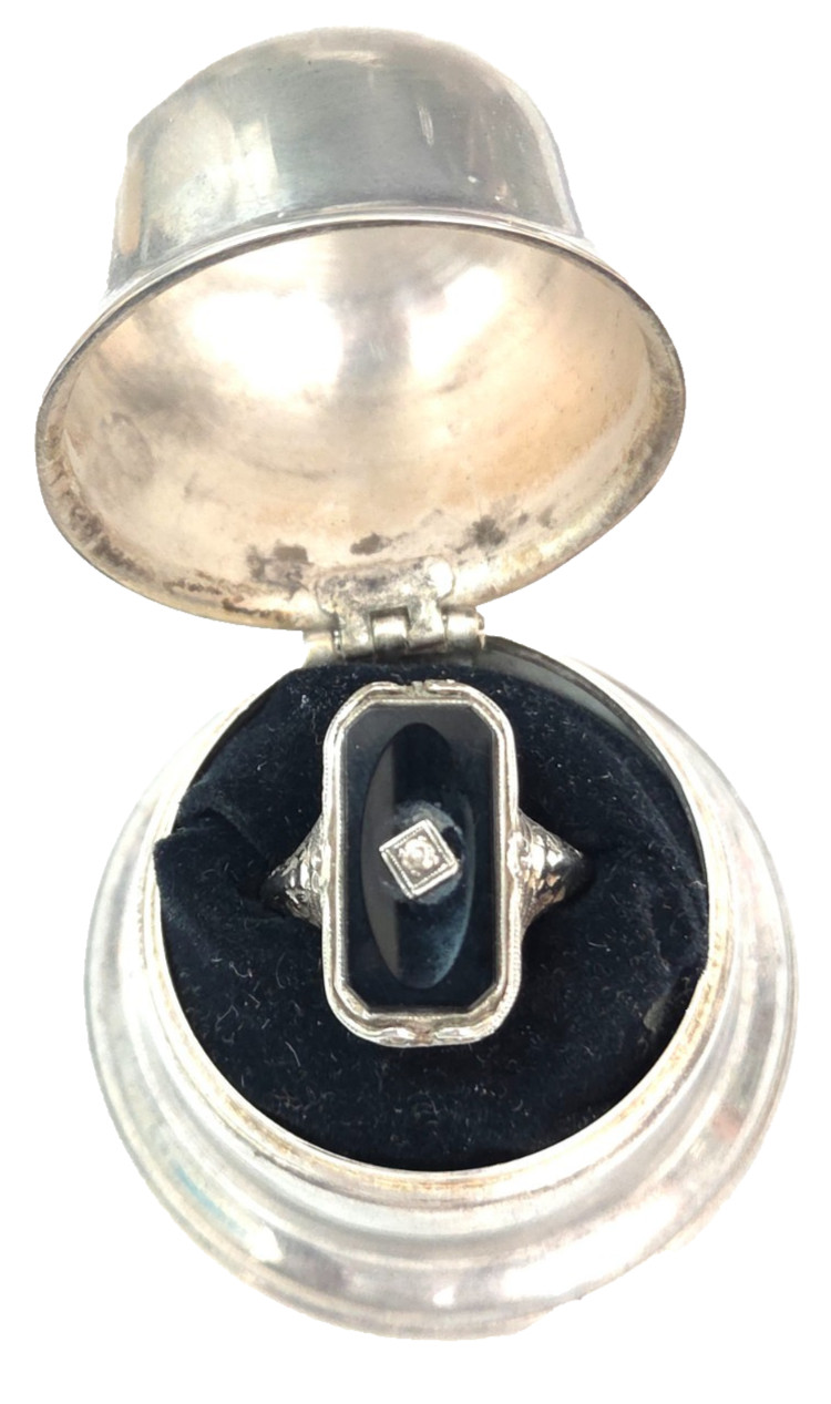 Antique 14K White Gold Black Onyx & Diamond Art Deco Filigree Ring Sz 6.5