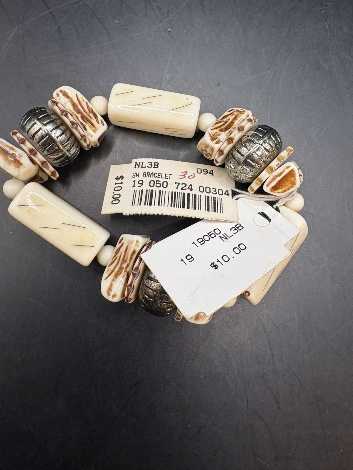 Vintage Beaded and Silver Bracelet Stretch Tan White Brown