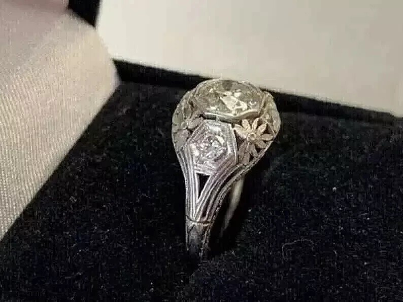 Art Deco Filigree Engagement Ring Vintage Diamond Navette Ring14K White Gold FN