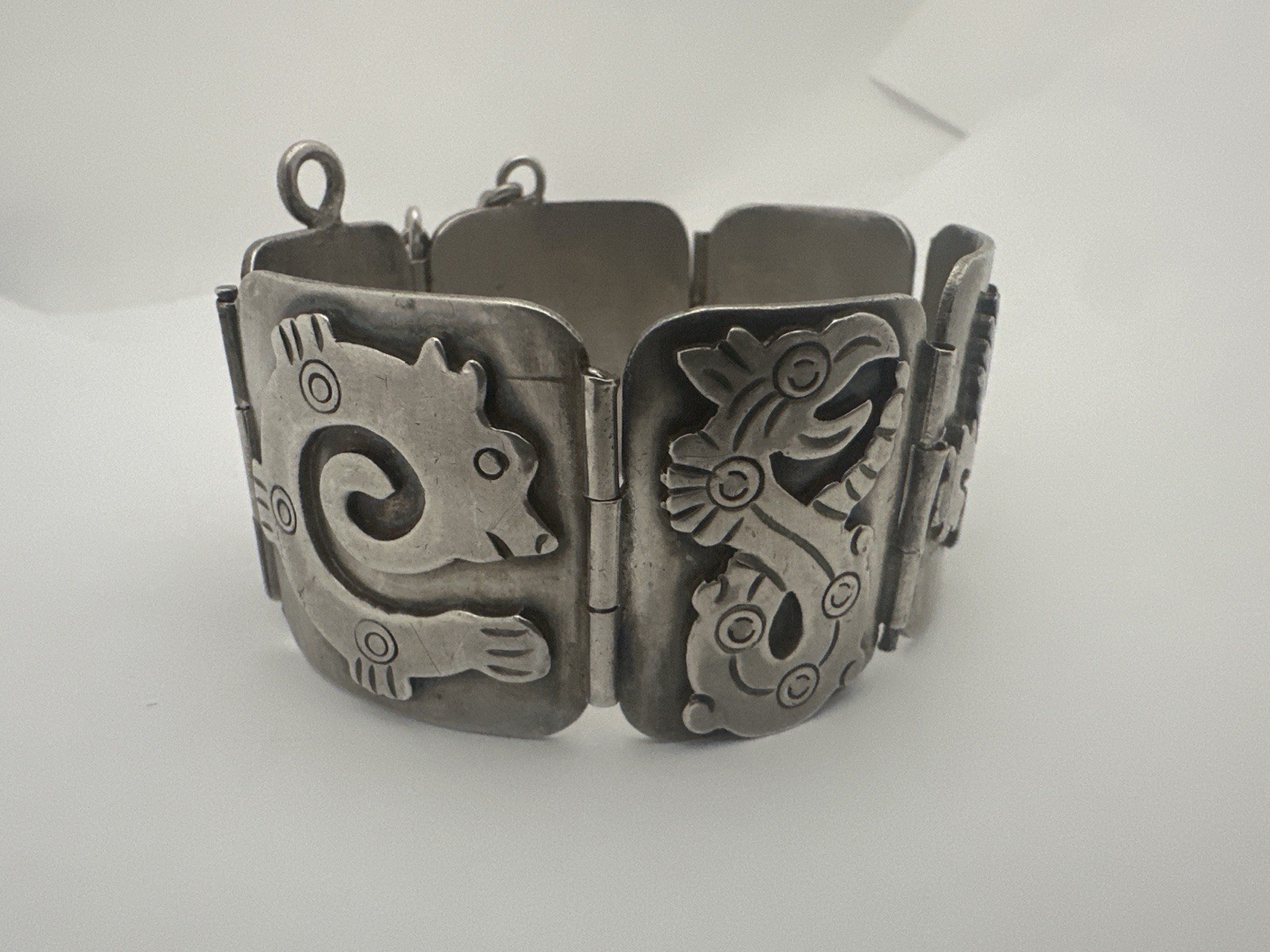 Vintage Early Taxco Mexico 980 Silver Panel Aztec Mayan Bracelet, 89 Grams