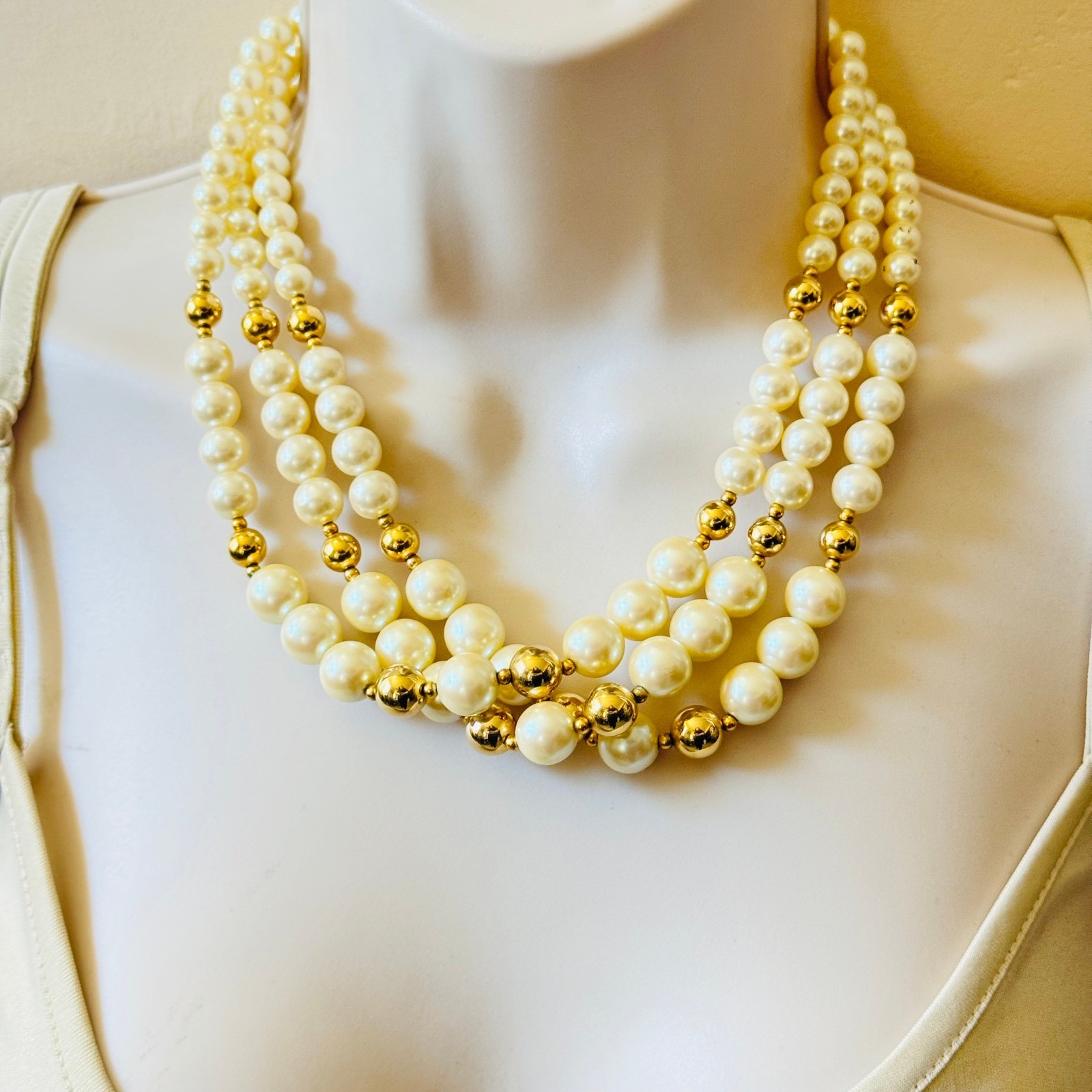 Gay Boyer Necklace VTG Pearl Multi Bib Beaded Triple Strand Glam Elegant 80s 18″