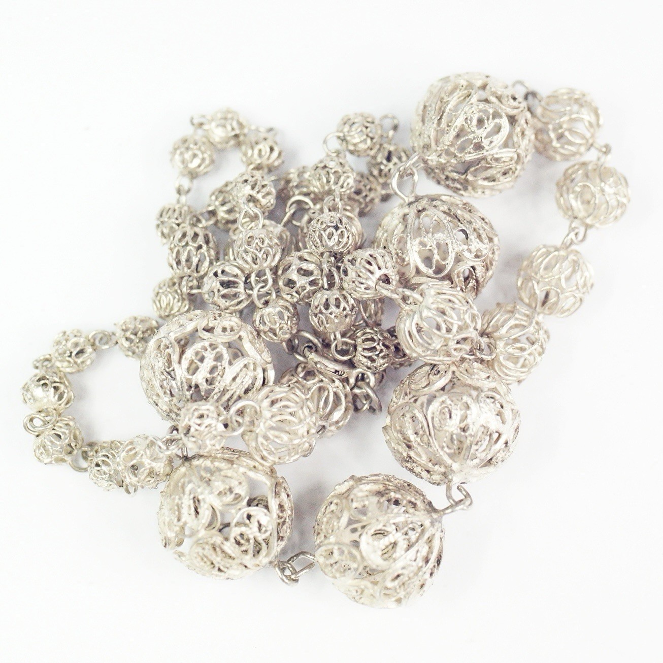 Vtg Sterling Silver Filigree Cannetille Graduated Ball Bead Necklace 19” 17.97 g