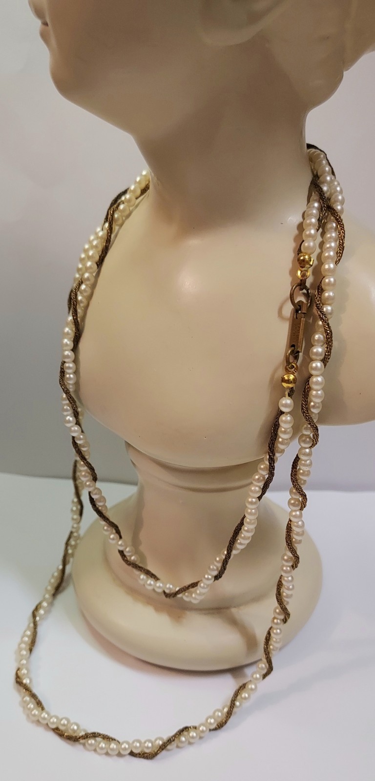 Miriam Haskell Vintage Necklace Faux Pearl Wheat Chain Bronze Tone Signed 34″