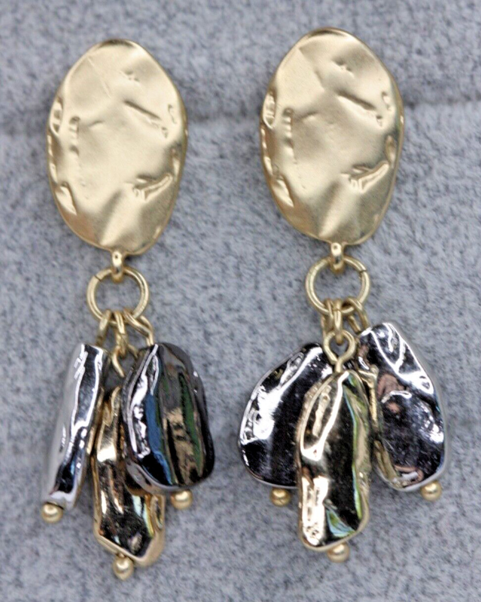 Hammered Tri-Tone Gold Silver Hematite Dangle Drop Beaded Pierced Post Earrings