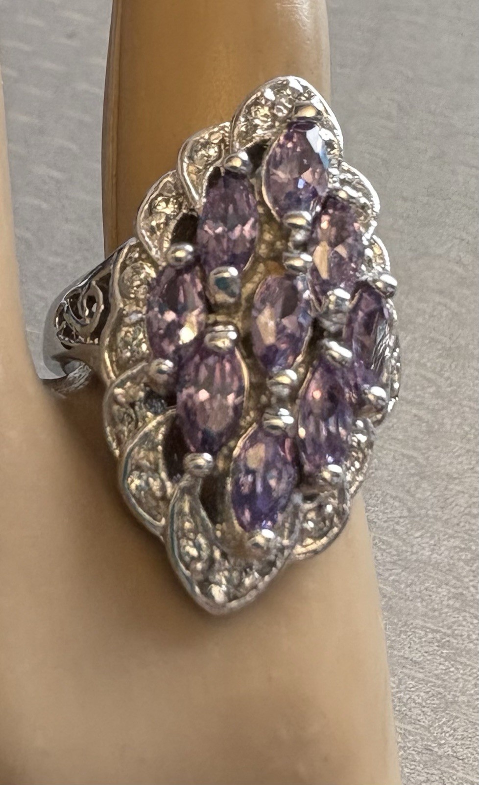 Vintage Sterling Silver Lavender Amethyst Marquise Gem Cluster Ring 925 size 6.5