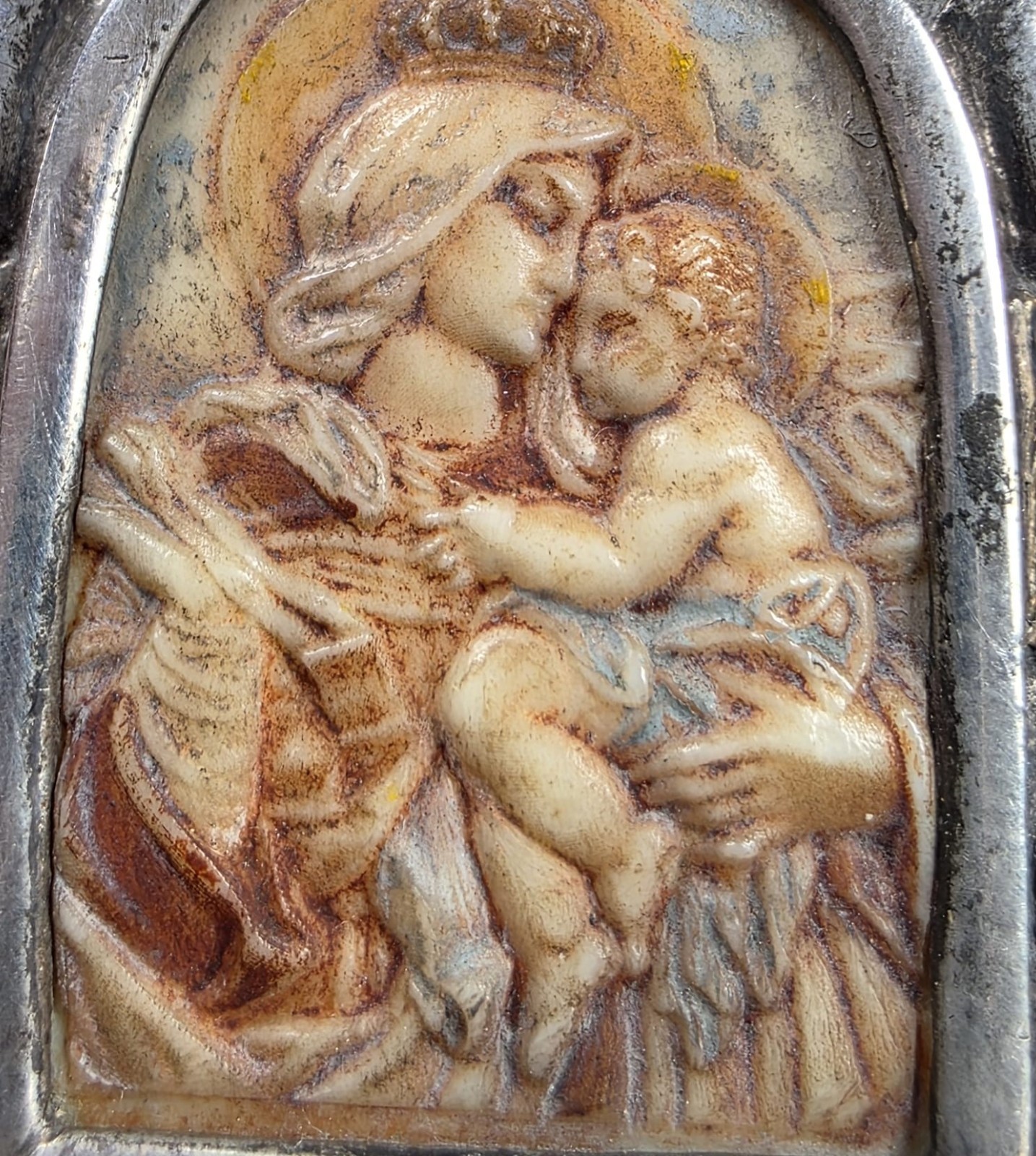 Fine Antique Art Nouveau Silver Gold Madonna Virgin Mary and Jesus Pendant C1900