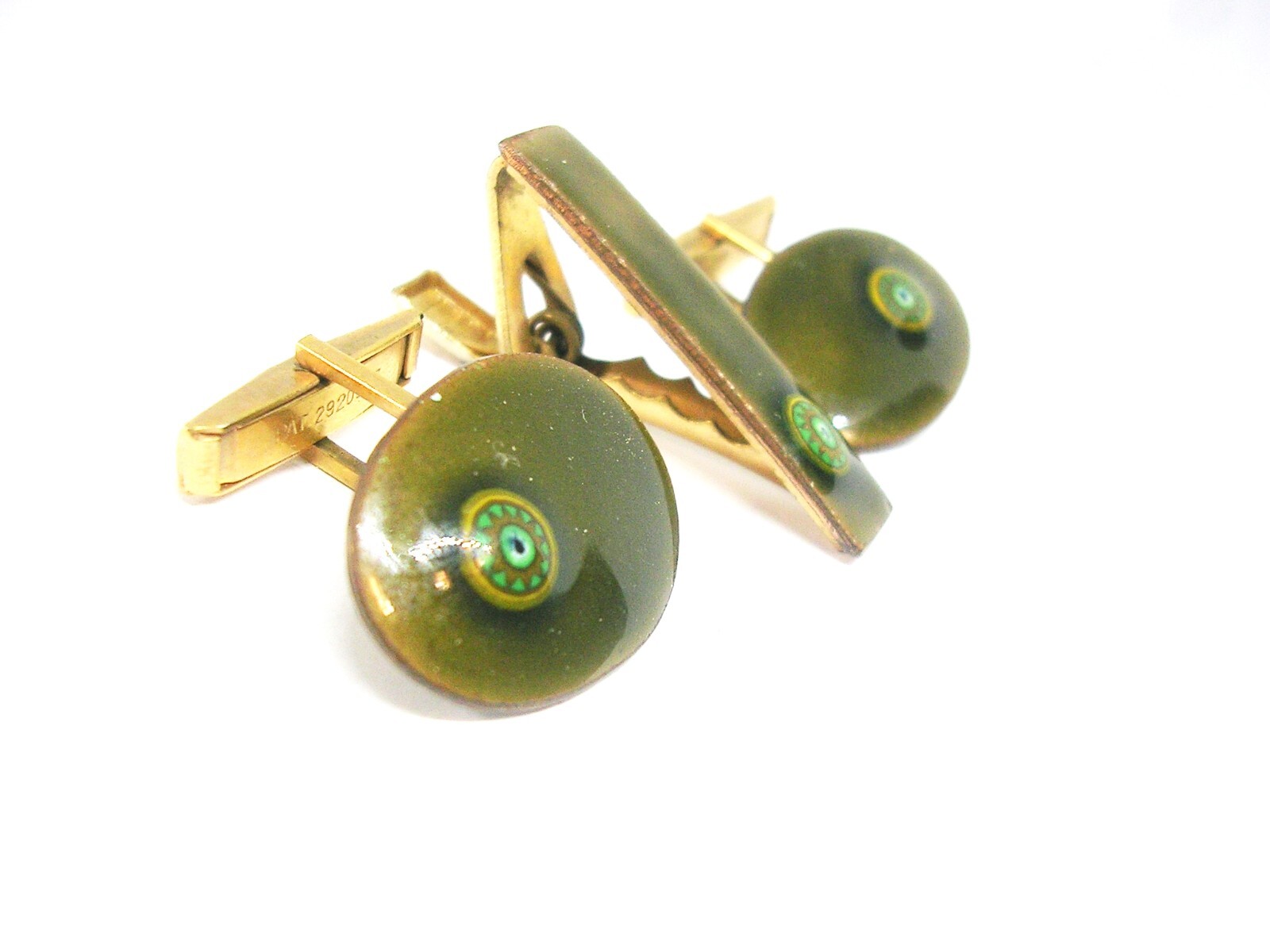 Cuff Links Tie Clip Set vintage green Enamel Cuff Links matching Tie Bar