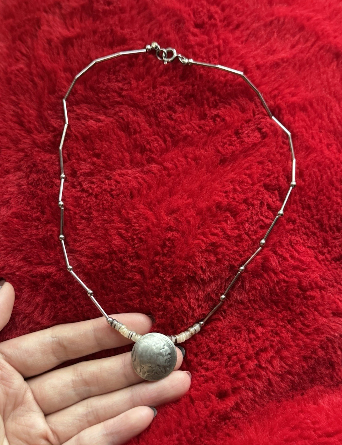 Vintage Buffalo Nickel Necklace Silver Tone Stone Accent 1936 Indian Head Coin