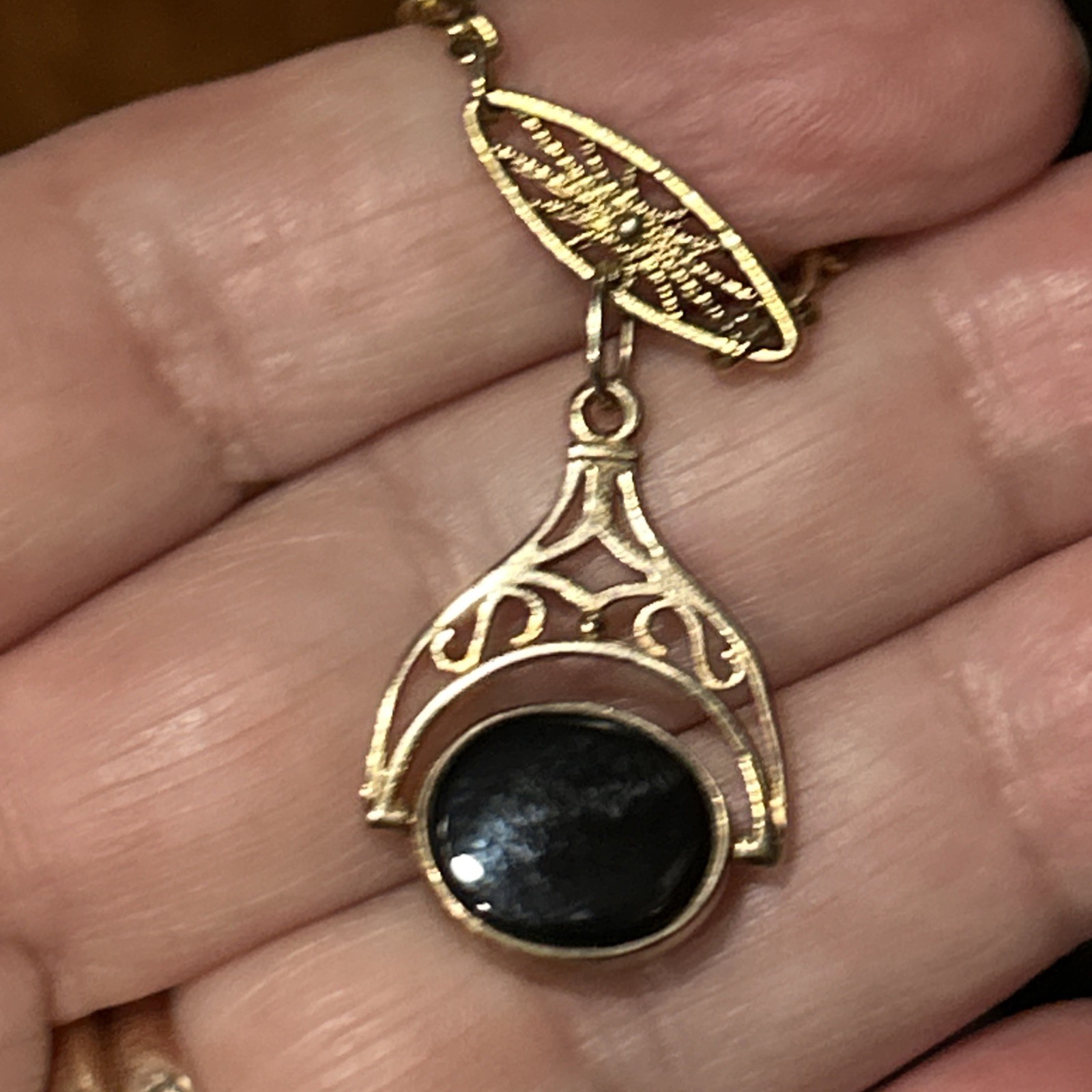 Vintage Birmingham 9ct 375 Gold Fob Onyx Bloodstone Spinner GF French Necklace