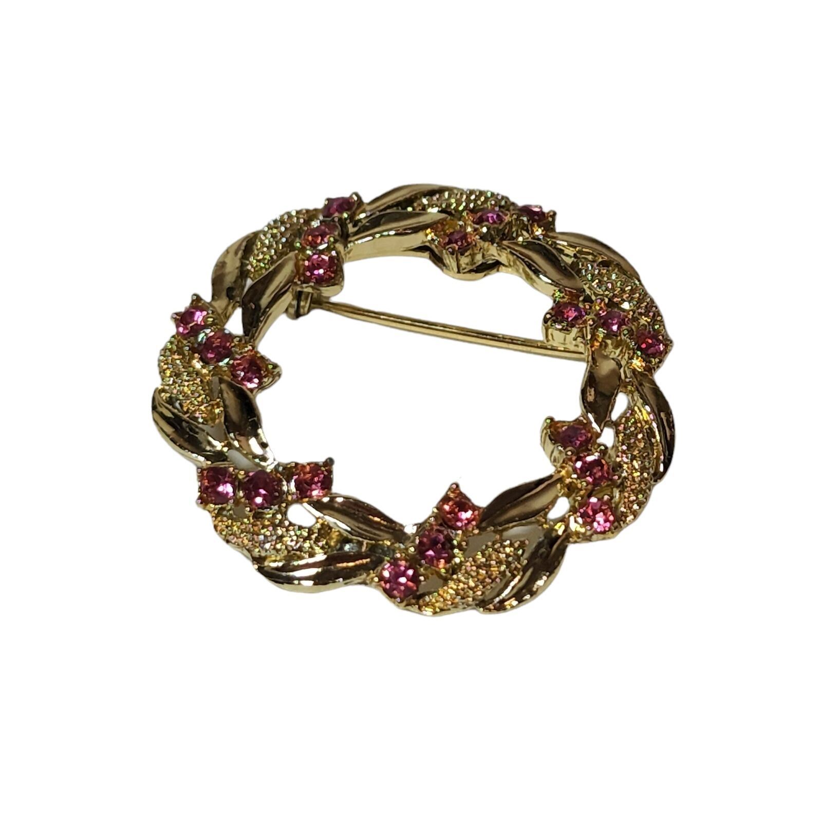 Vintage Signed Garry’s Brooch Gold Tone Pink Rhinestones Wreath Circle Floral