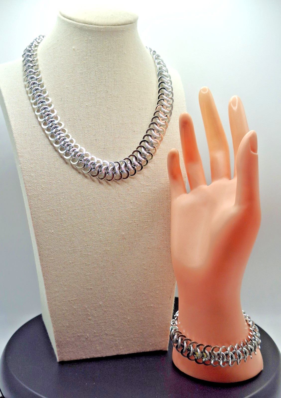 Vintage West Germany Necklace & Bracelet Set Lightweight Silver Eloxal Aluminum