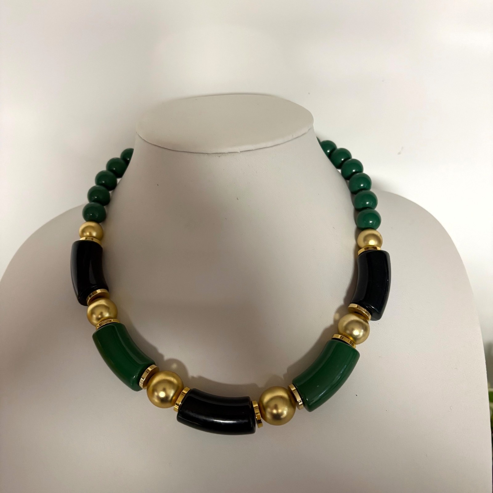 Vintage Green Gold Tone Beaded Statement Necklace Chunky Asian Inspired Retro