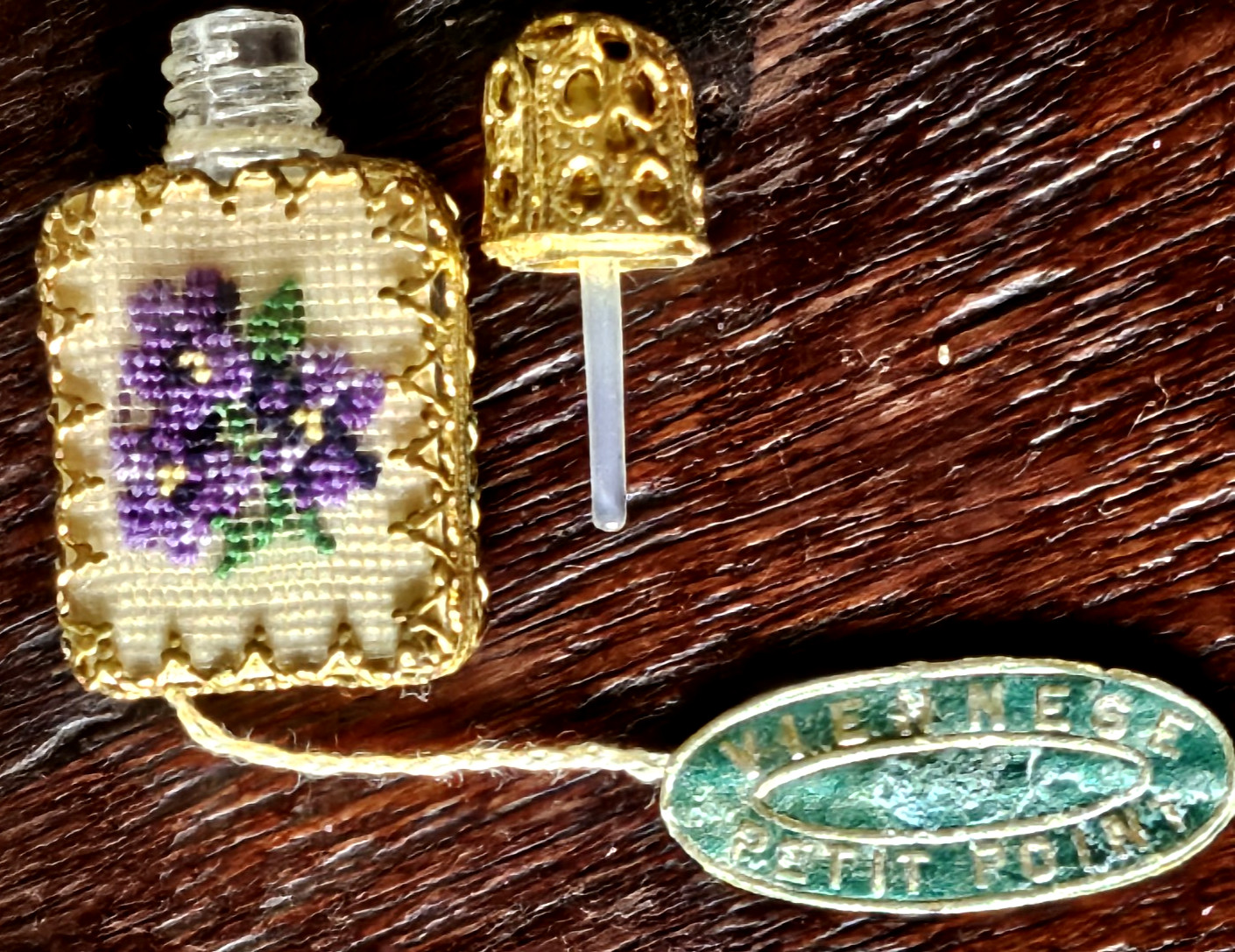 Vintage Austrian Petit Point Filigree Gilt Glass Perfume Bottle W/ Original Ta