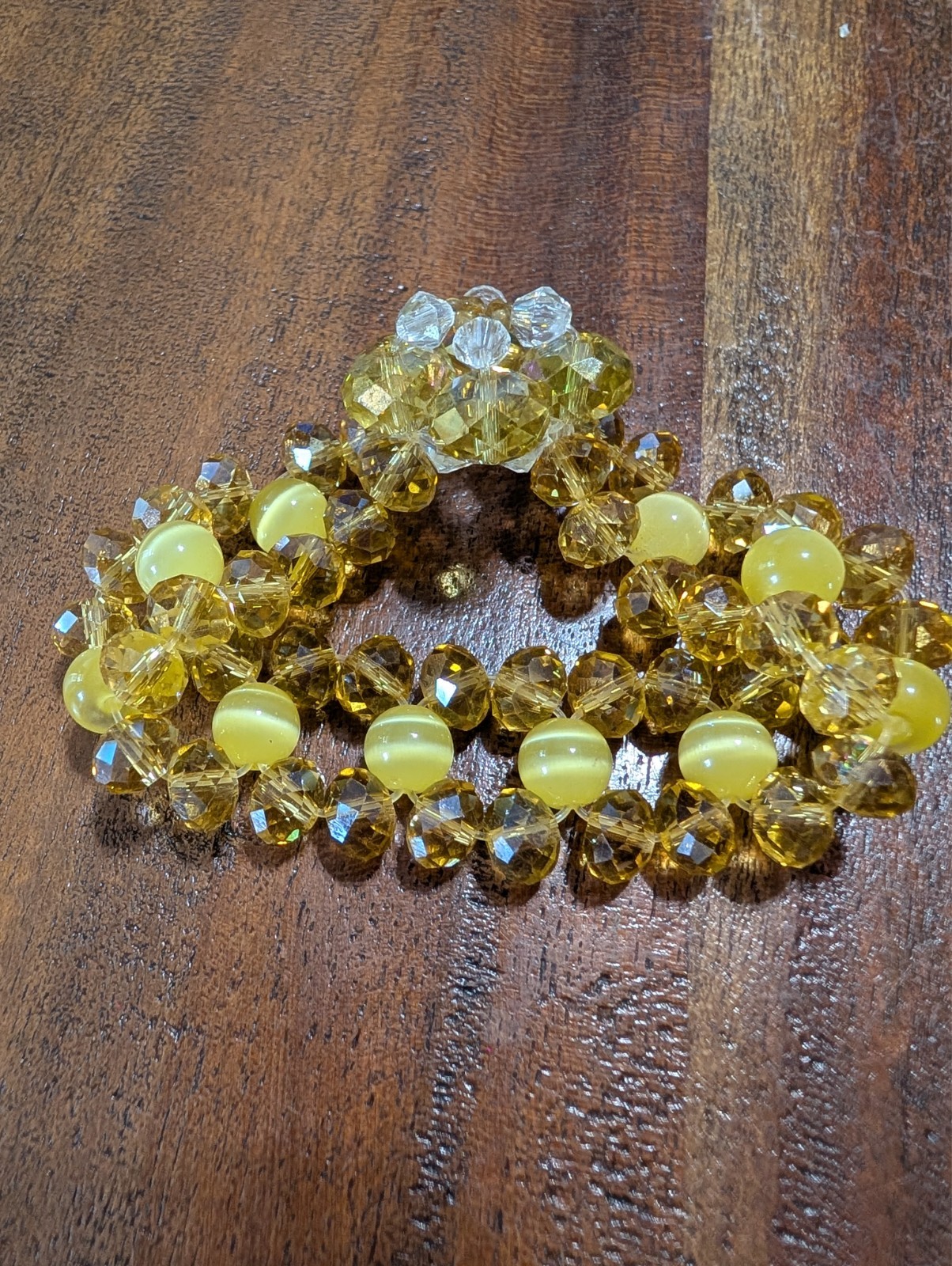 Handmade Yellow Crystal Beaded Stretch Bracelet Cat’s Eye Floral Statement Brace