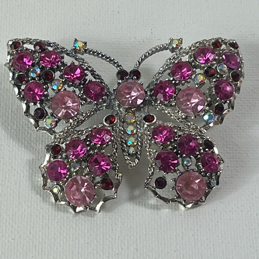 Elegant Pink Butterfly Brooch Pin Multi-colored Rhinestones Approximately 2” Vtg