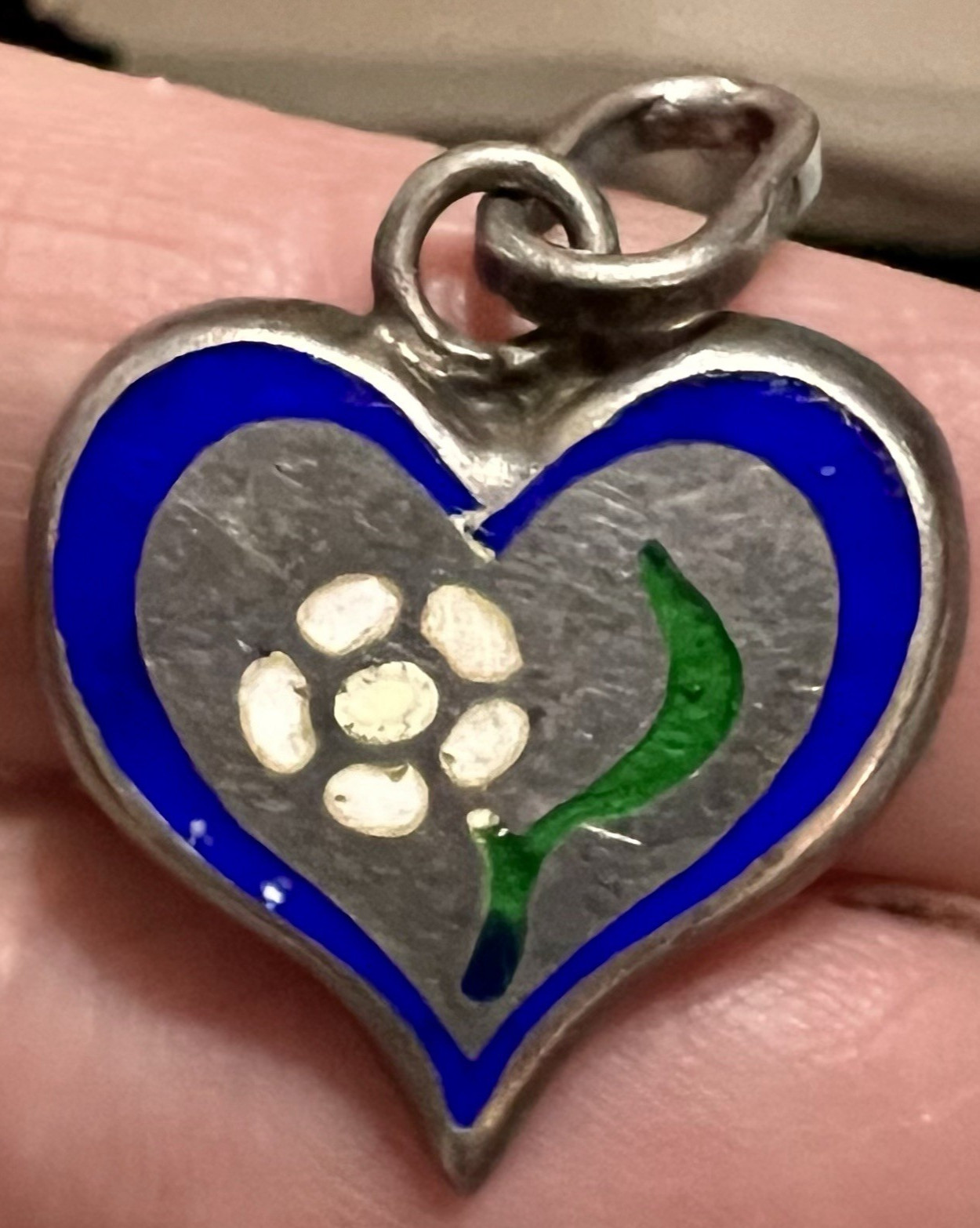 925 STERLING SILVER Enamel HEART & DAISY or ROSE FLOWER Charm PENDANT Vintage