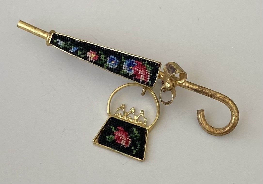 Vintage needlepoint umbrella w/ dangle purse brooch pin