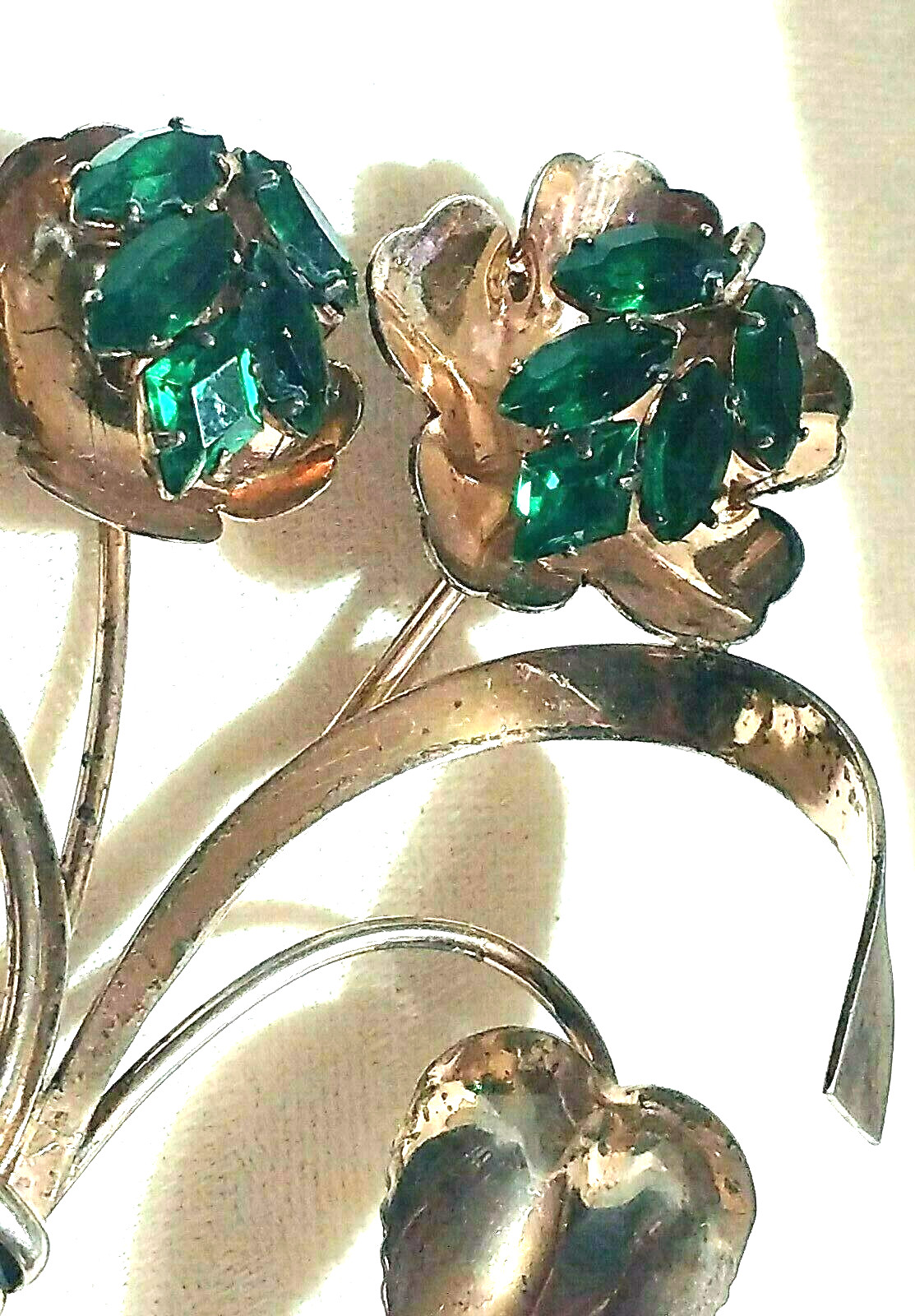 Green Stone Leaves Art Nouveau Brooch Sterling Silver VTG Estate 1930’s-1950’s