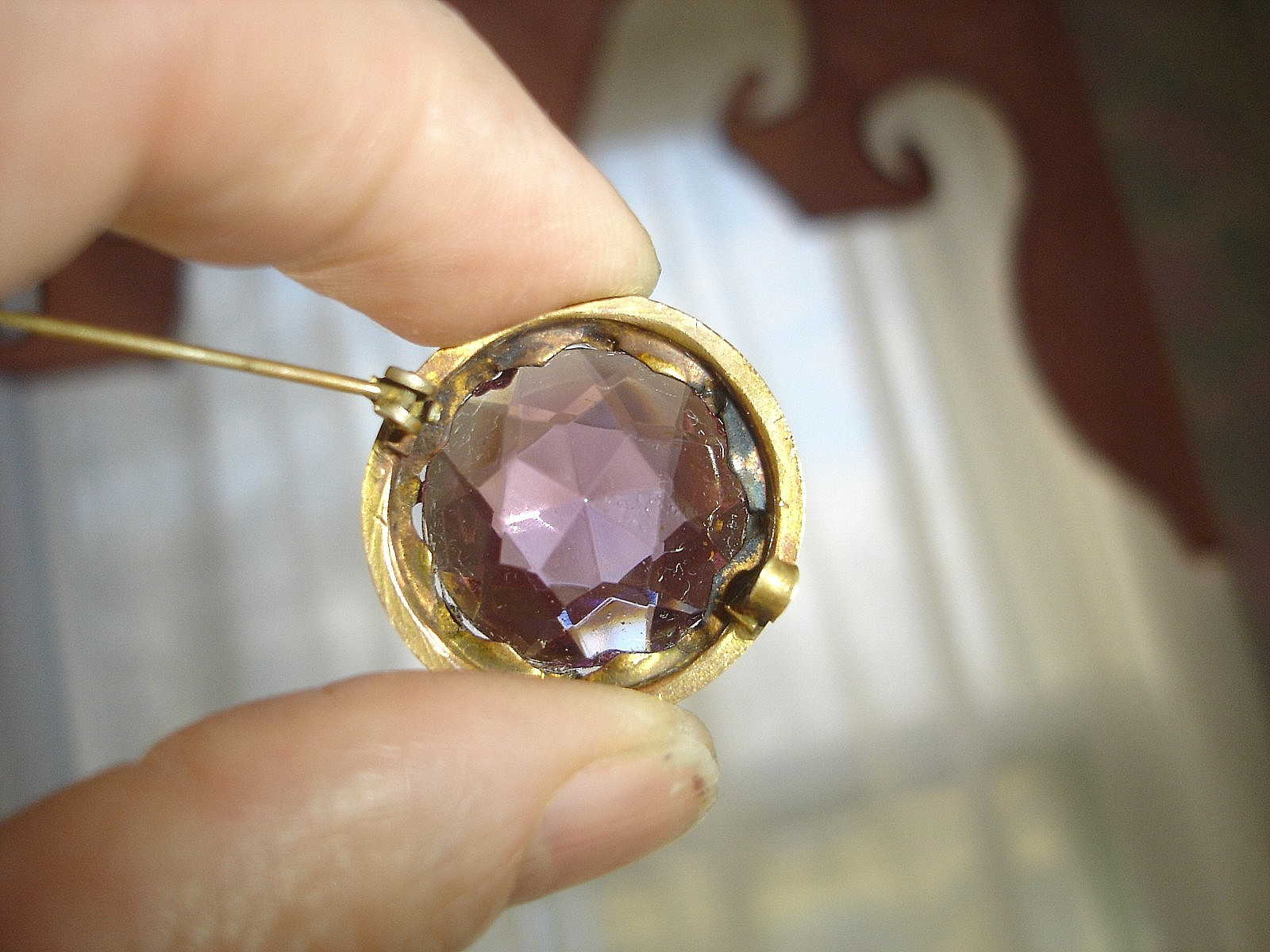 Antique C-Clasp Amethyst Faceted Glass Open Back 1 Inch Round Pin Brooch
