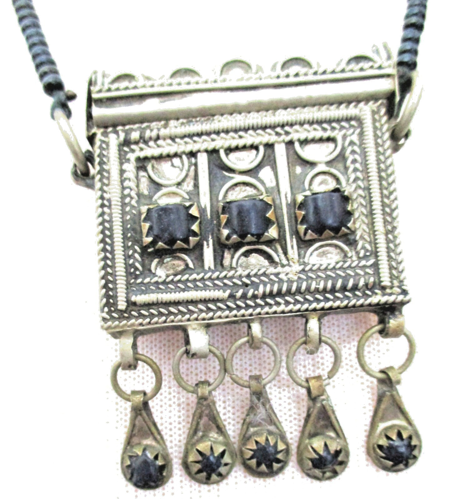 Vintage prayer necklace, blue stones and dangling decorative elements, 22 inches