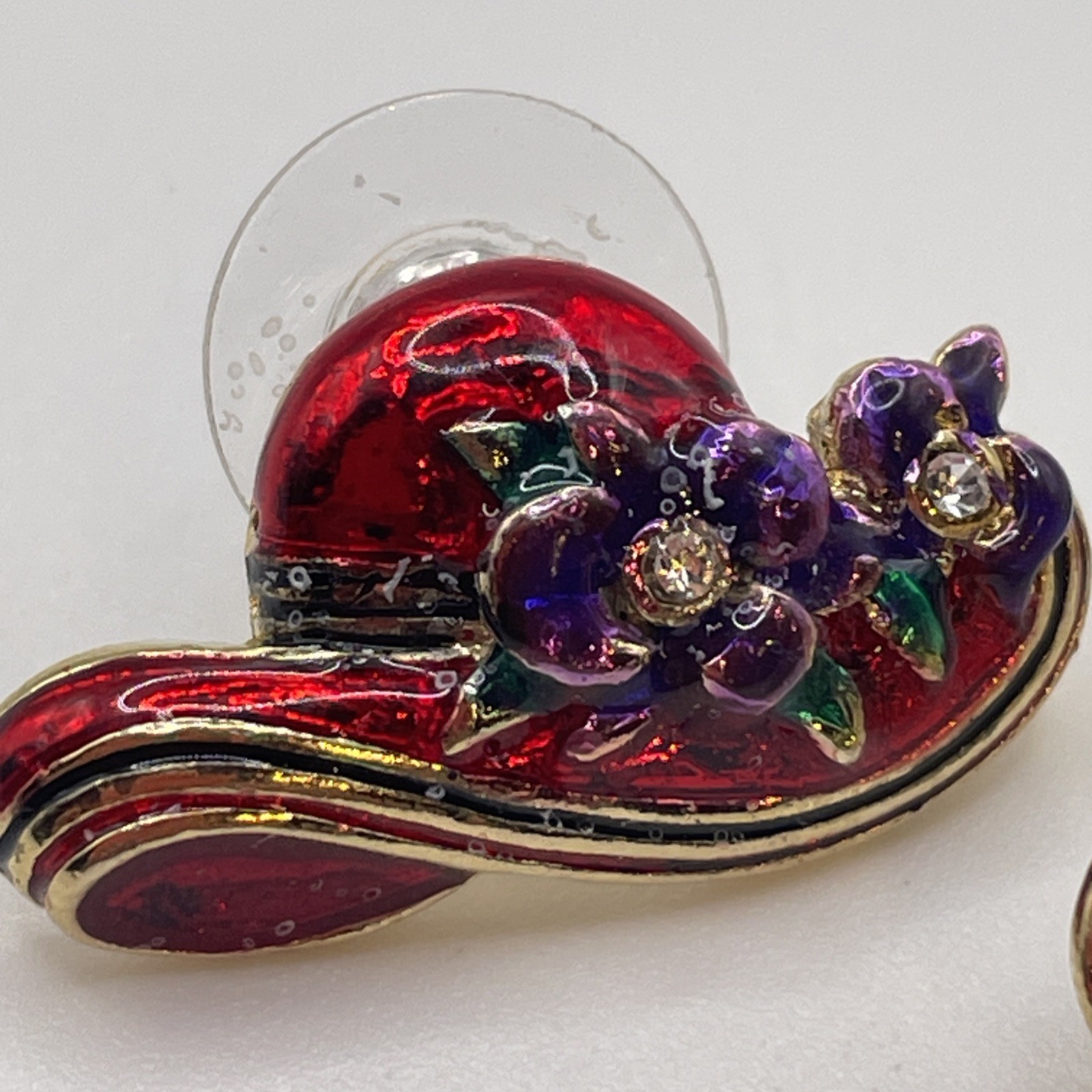 Earrings Vintage Red Hat Rhinestones Metal Gold Tone Stud Pierced Jewelry