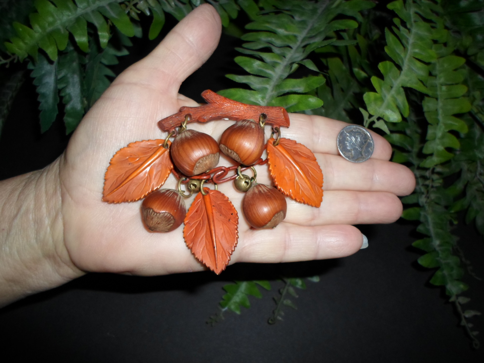 Vintage CHESTNUTS and LEAVES – dangle PIN – fall autumn colors theme brooch