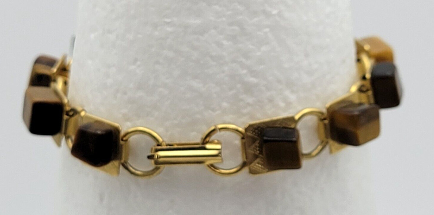 Vintage Art Deco Gold Tone Tiger’s Eye Square Bead Bracelet 7.25 in Fold Clasp