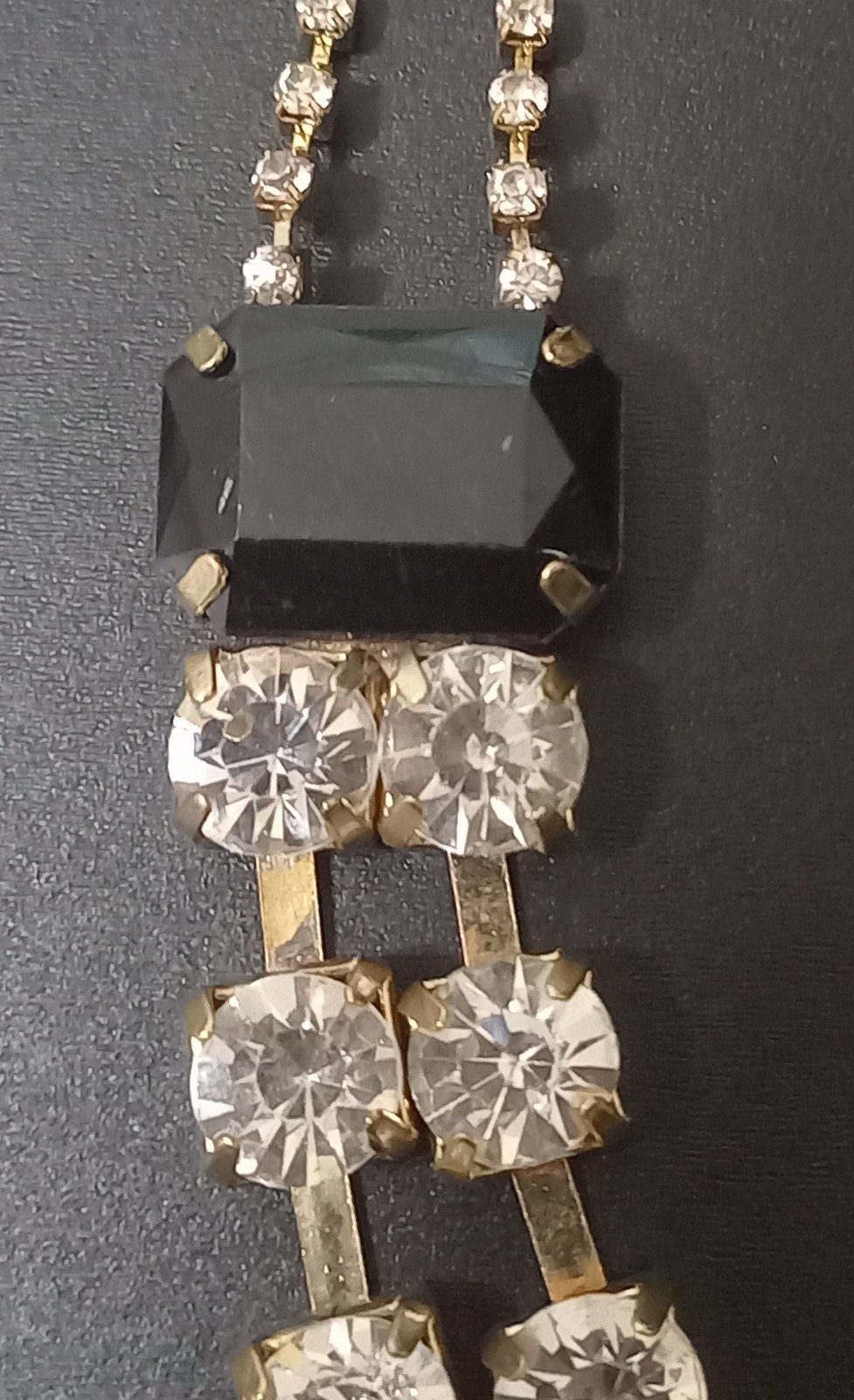 Vintage Gold Tone Clear Rhinestone & Black Emerald-Cut Stone Statement Necklace