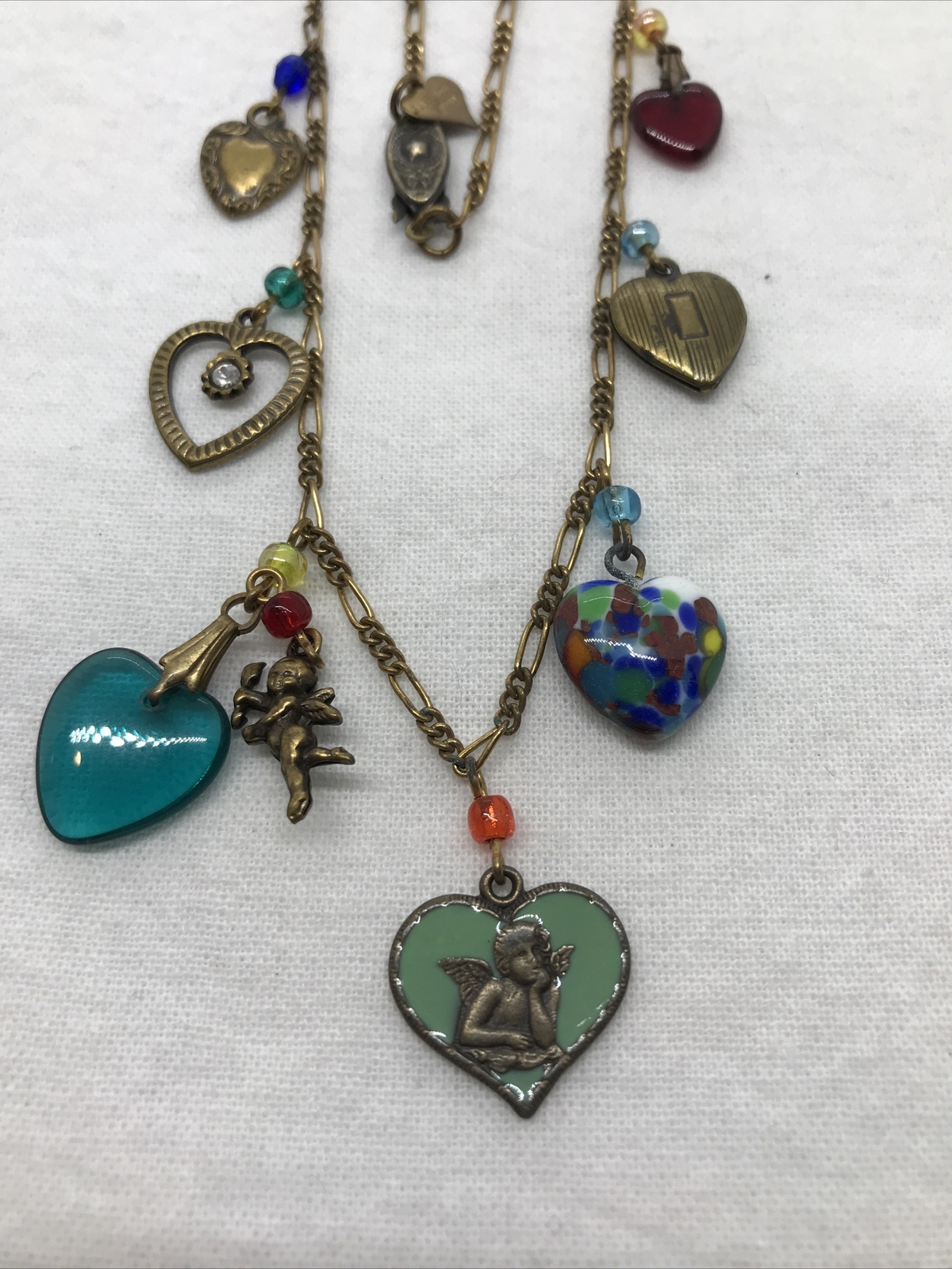 Vintage Glass Works Studio Glass & Brass Charms in Multi Colors Necklace 19