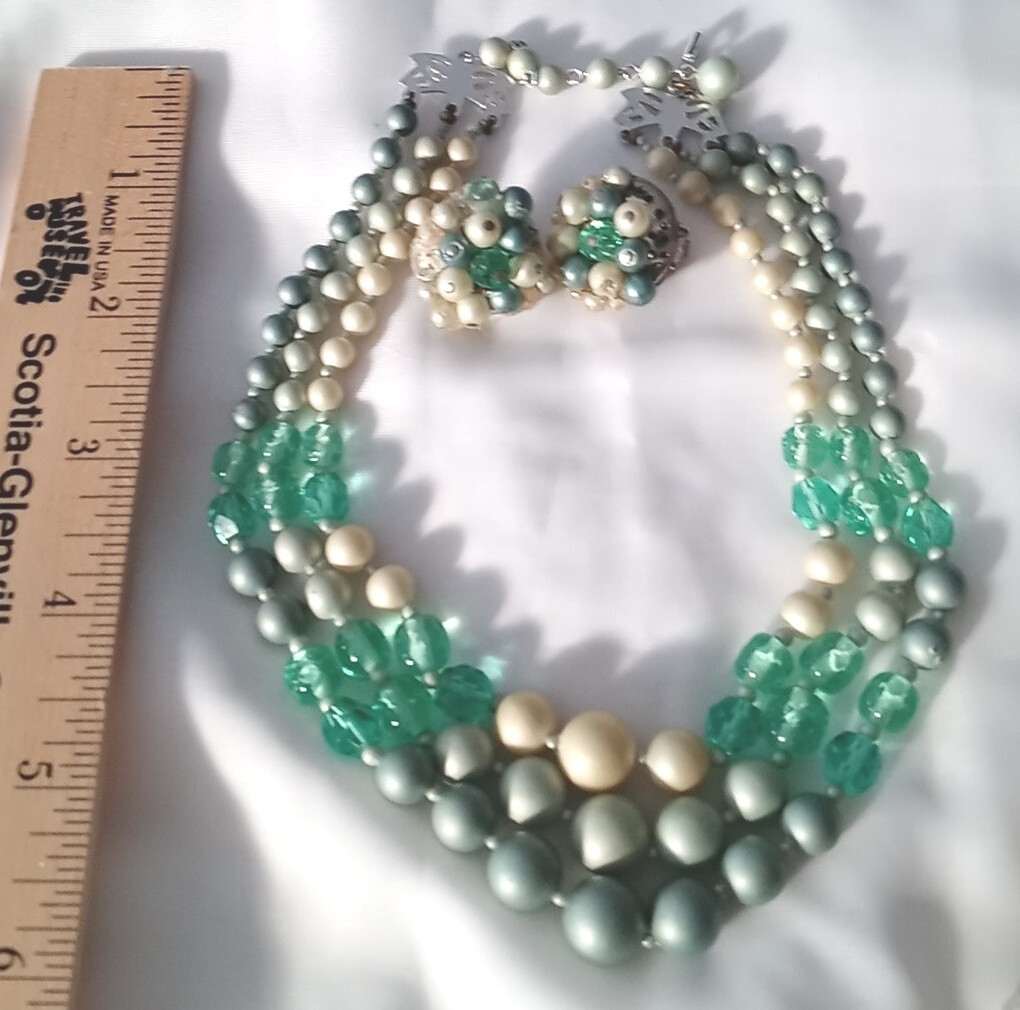 Vintage pearl turquoise Three Row Beaded Necklace & Clip on Earrings set
