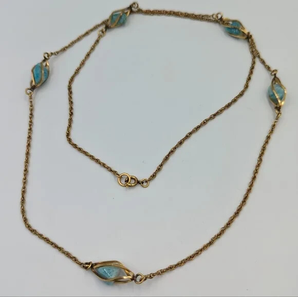 Vintage 12K Gold Filled Caged Polished Nuggets Blue Beryl Stations Necklace
