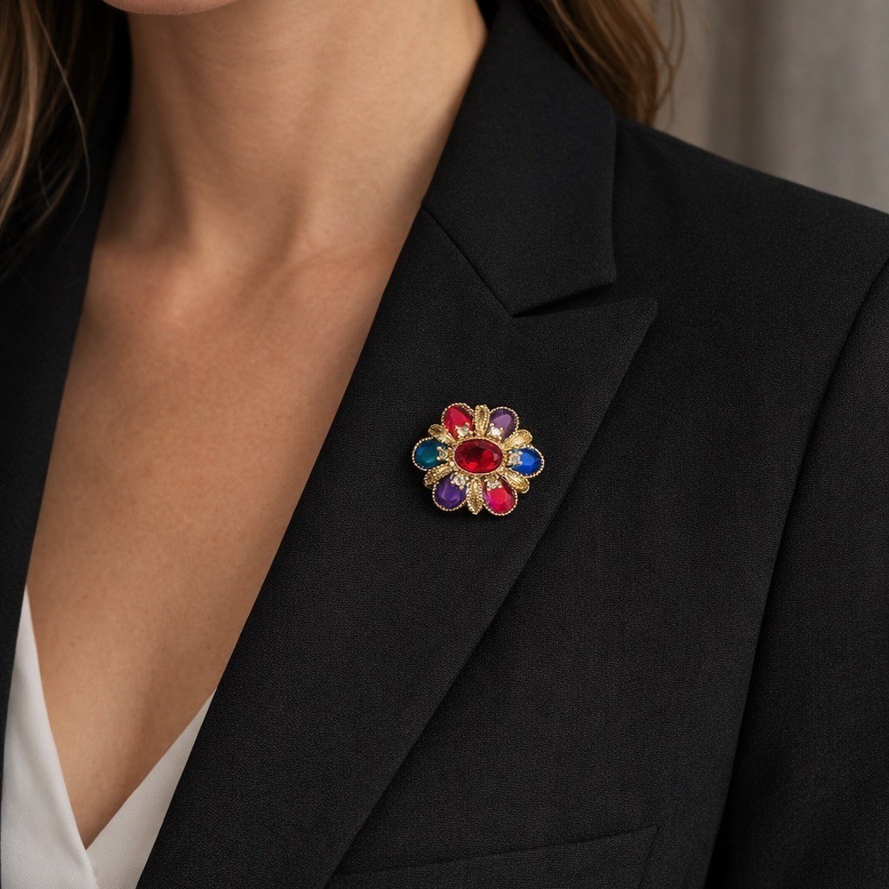 Vintage Multicolor Rhinestone Flower Brooch Gold Tone Statement Retro Jewelry