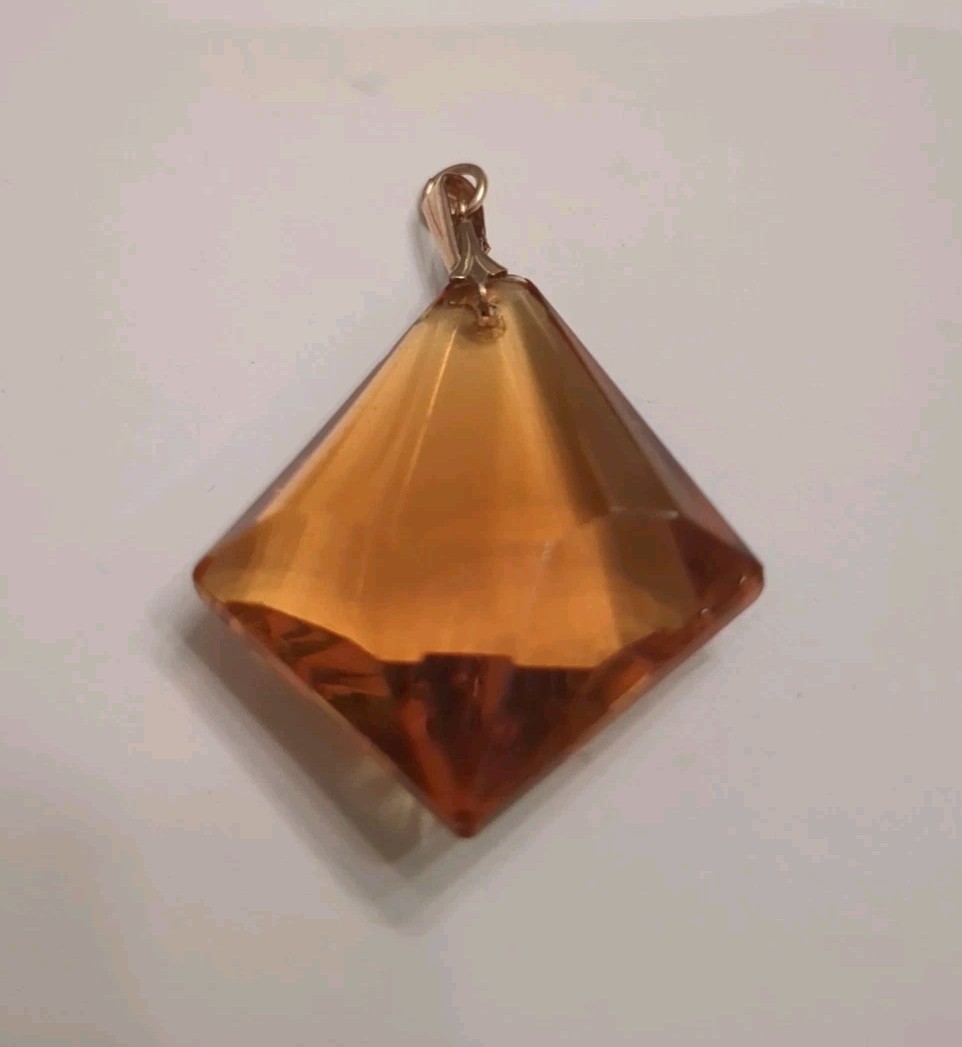Vintage Amber Tone Faceted Glass /Resin Pendant Geometric Pyramid Charm